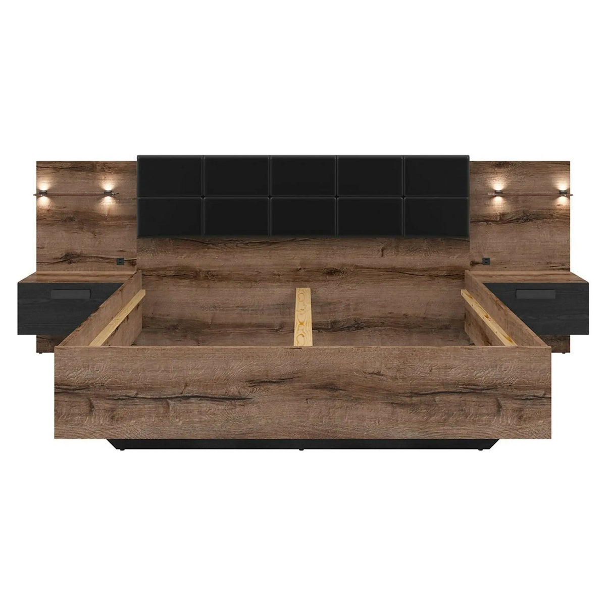 Cadru pat KASSEL 160x200, nuc/negru, PAL/piele ecologica, cu iluminare LED si 2 noptiere integrate