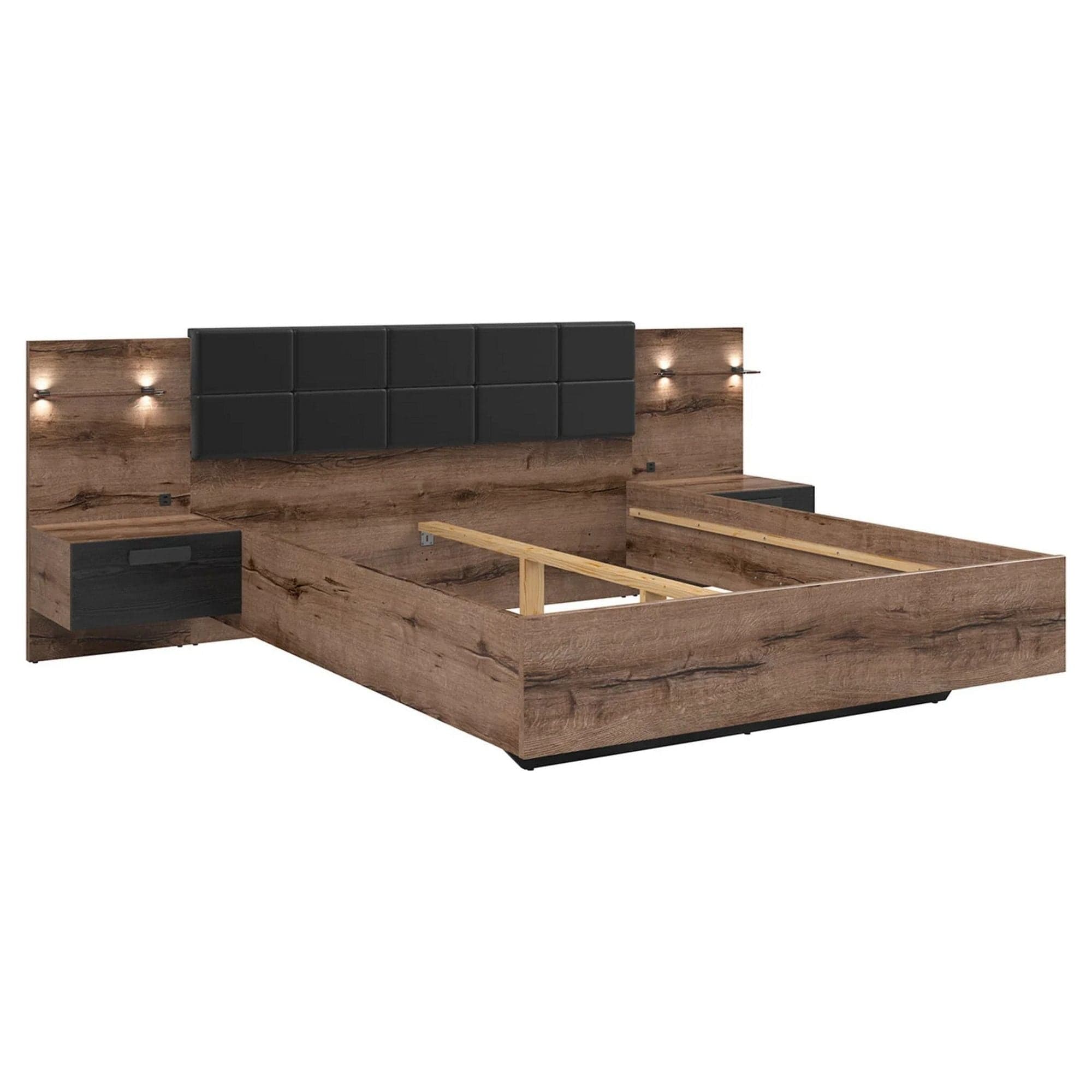 Cadru pat KASSEL 160x200, nuc/negru, PAL/piele ecologica, cu iluminare LED si 2 noptiere integrate