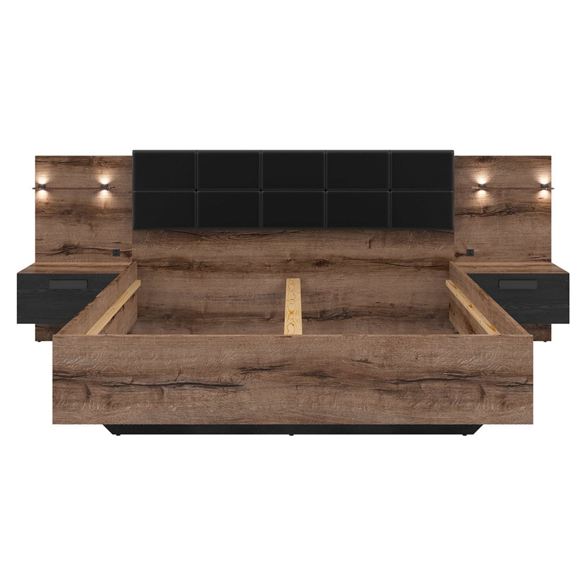 Cadru pat KASSEL 160x200, nuc/negru, PAL/piele ecologica, cu iluminare LED si 2 noptiere integrate