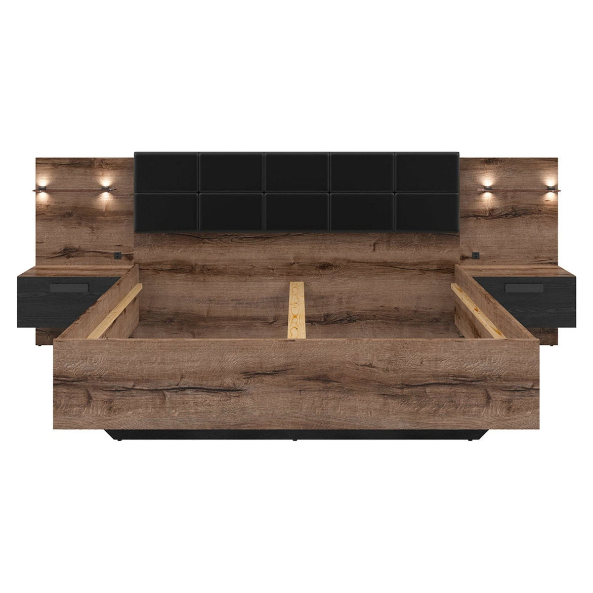 Cadru pat KASSEL 160x200, nuc/negru, PAL/piele ecologica, cu iluminare LED si 2 noptiere integrate