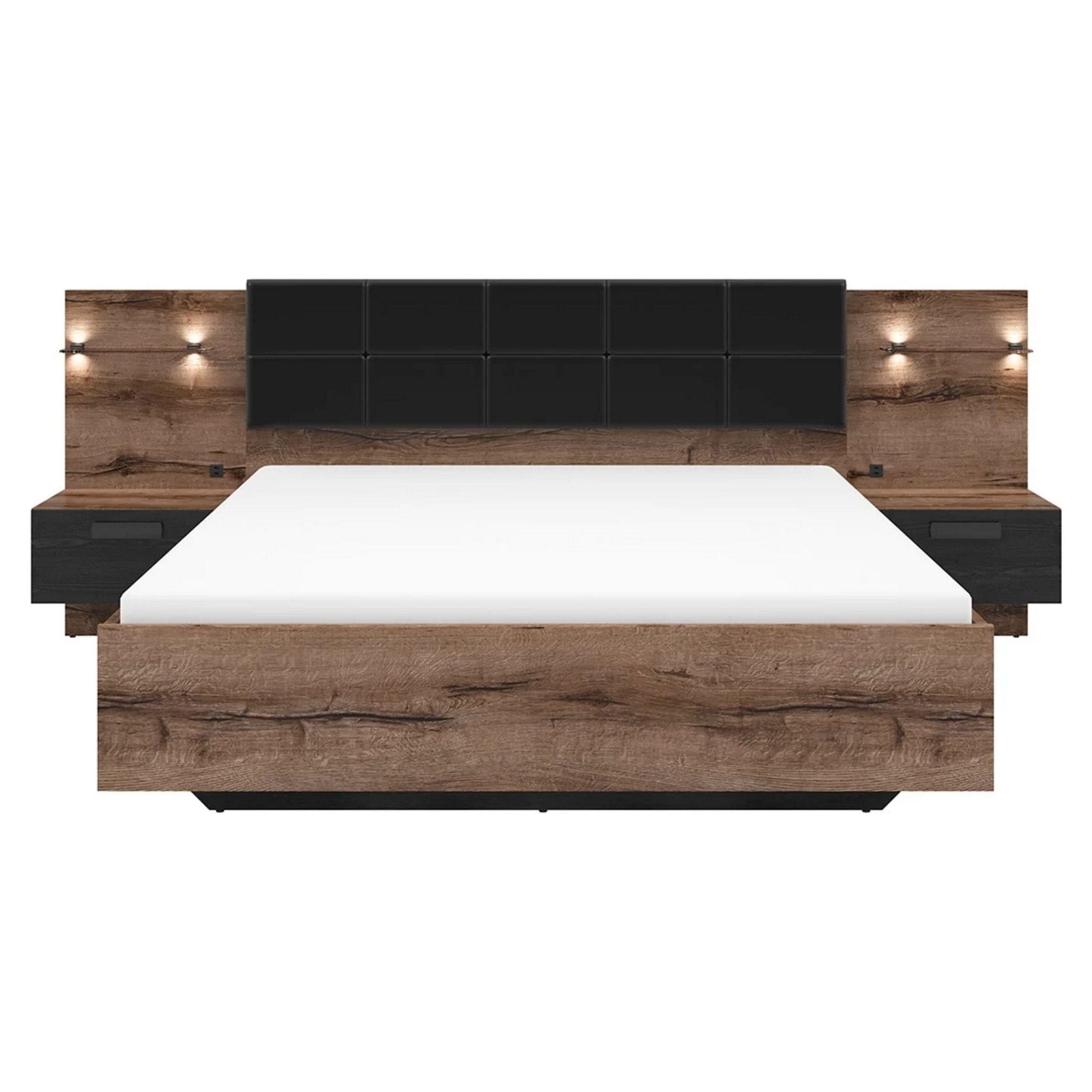 Cadru pat KASSEL 160x200, nuc/negru, PAL/piele ecologica, cu iluminare LED si 2 noptiere integrate