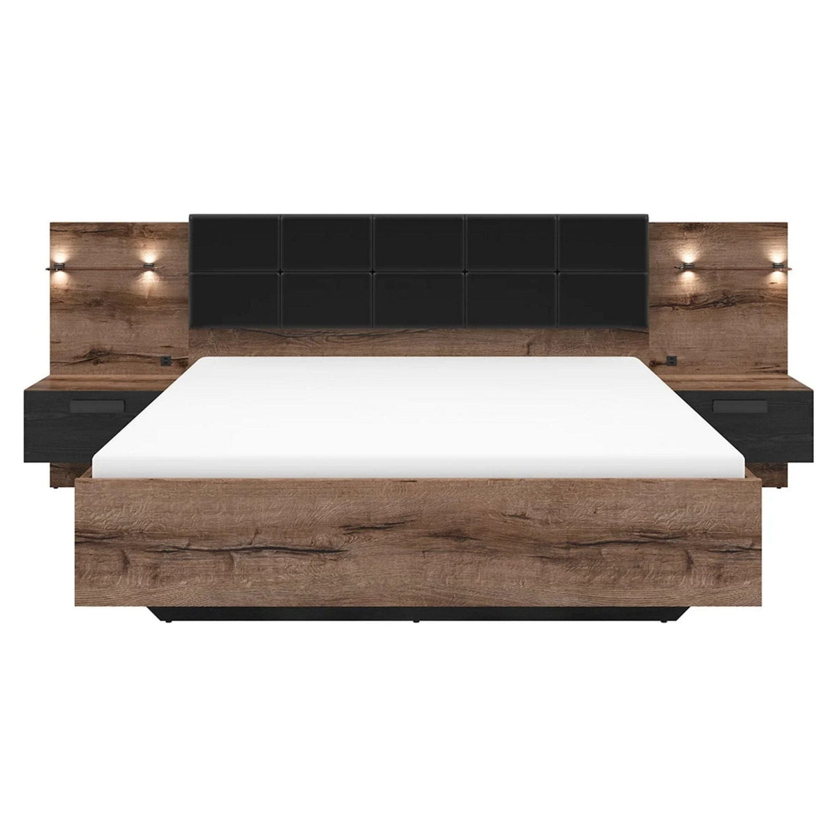 Cadru pat KASSEL 160x200, nuc/negru, PAL/piele ecologica, cu iluminare LED si 2 noptiere integrate