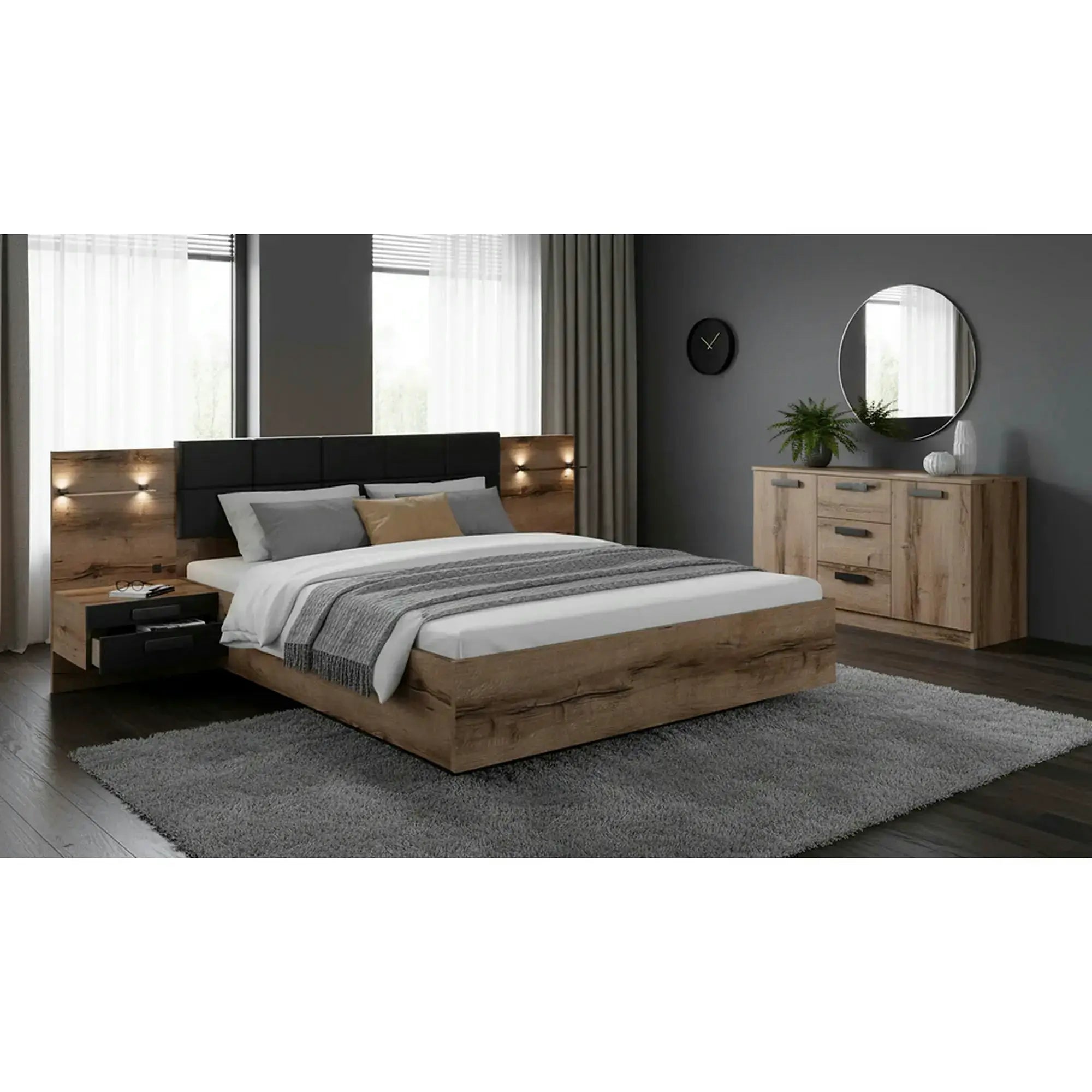 Cadru pat KASSEL 180x200, nuc/negru, PAL/piele ecologica, cu iluminare LED si 2 noptiere integrate