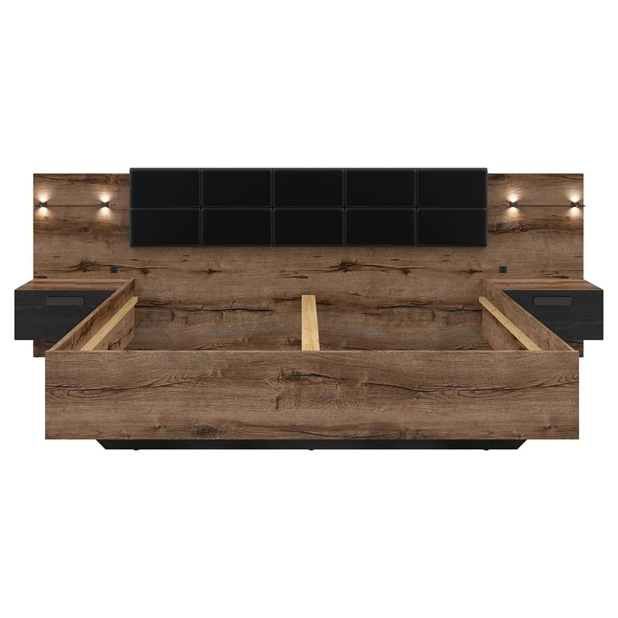 Cadru pat KASSEL 180x200, nuc/negru, PAL/piele ecologica, cu iluminare LED si 2 noptiere integrate