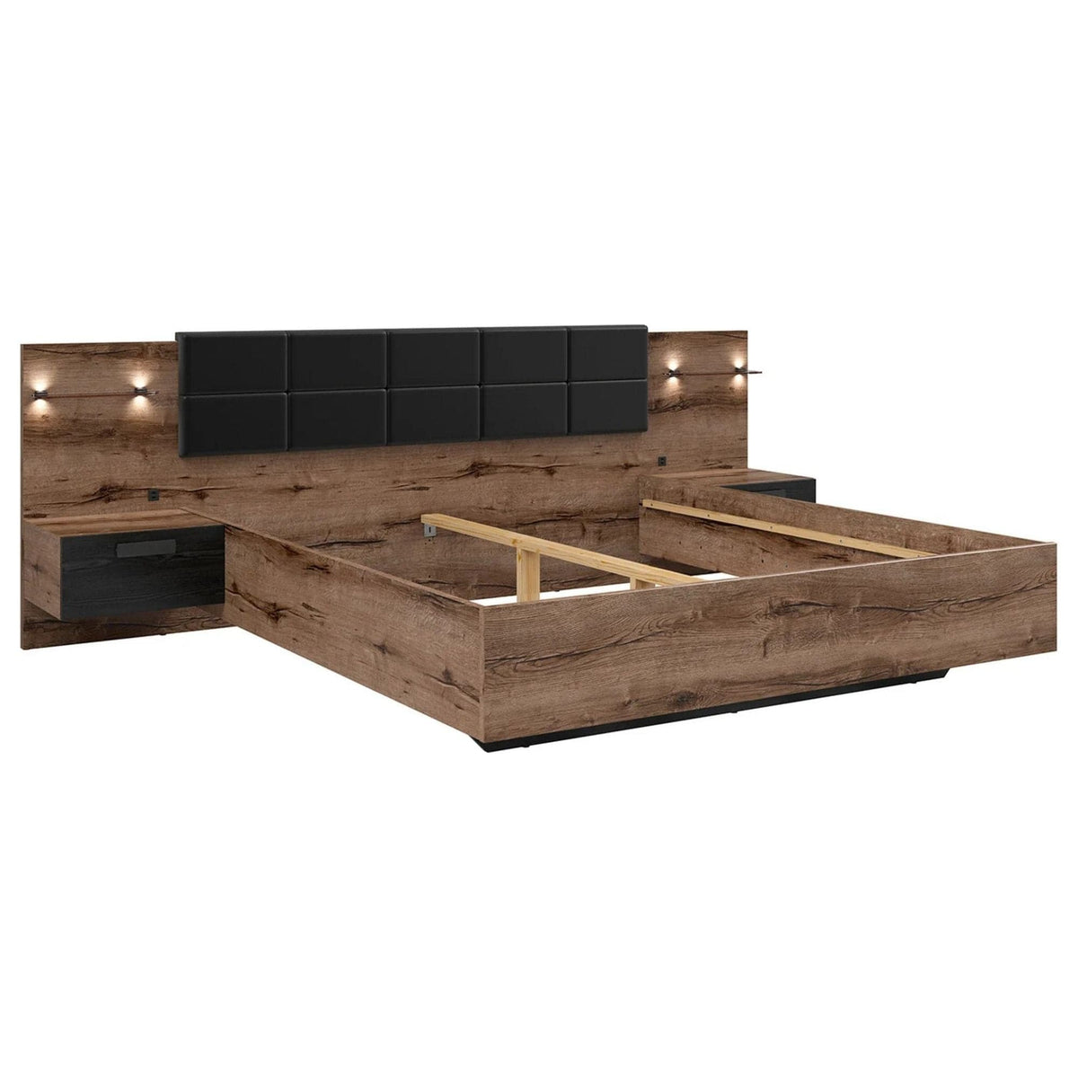 Cadru pat KASSEL 180x200, nuc/negru, PAL/piele ecologica, cu iluminare LED si 2 noptiere integrate