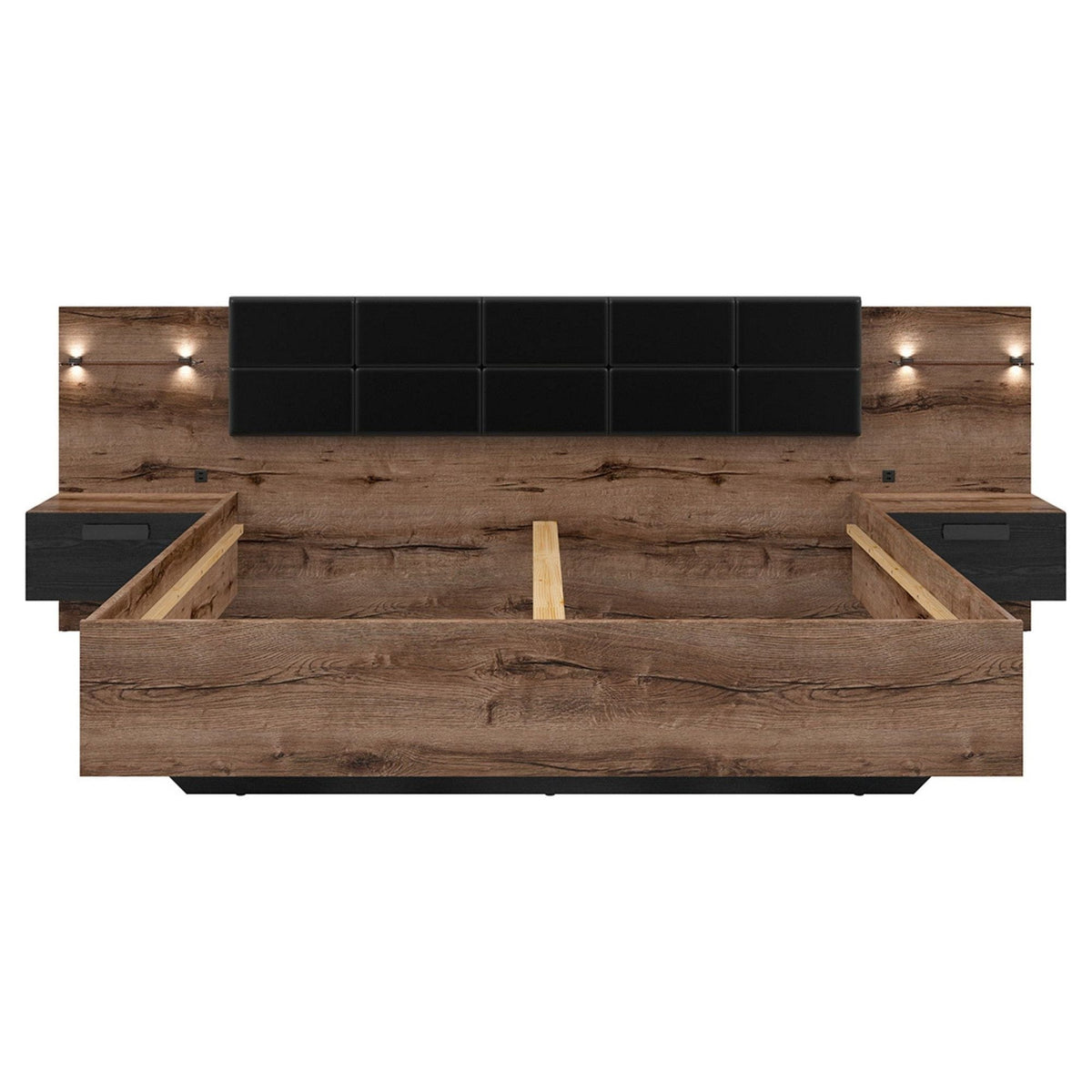 Cadru pat KASSEL 180x200, nuc/negru, PAL/piele ecologica, cu iluminare LED si 2 noptiere integrate