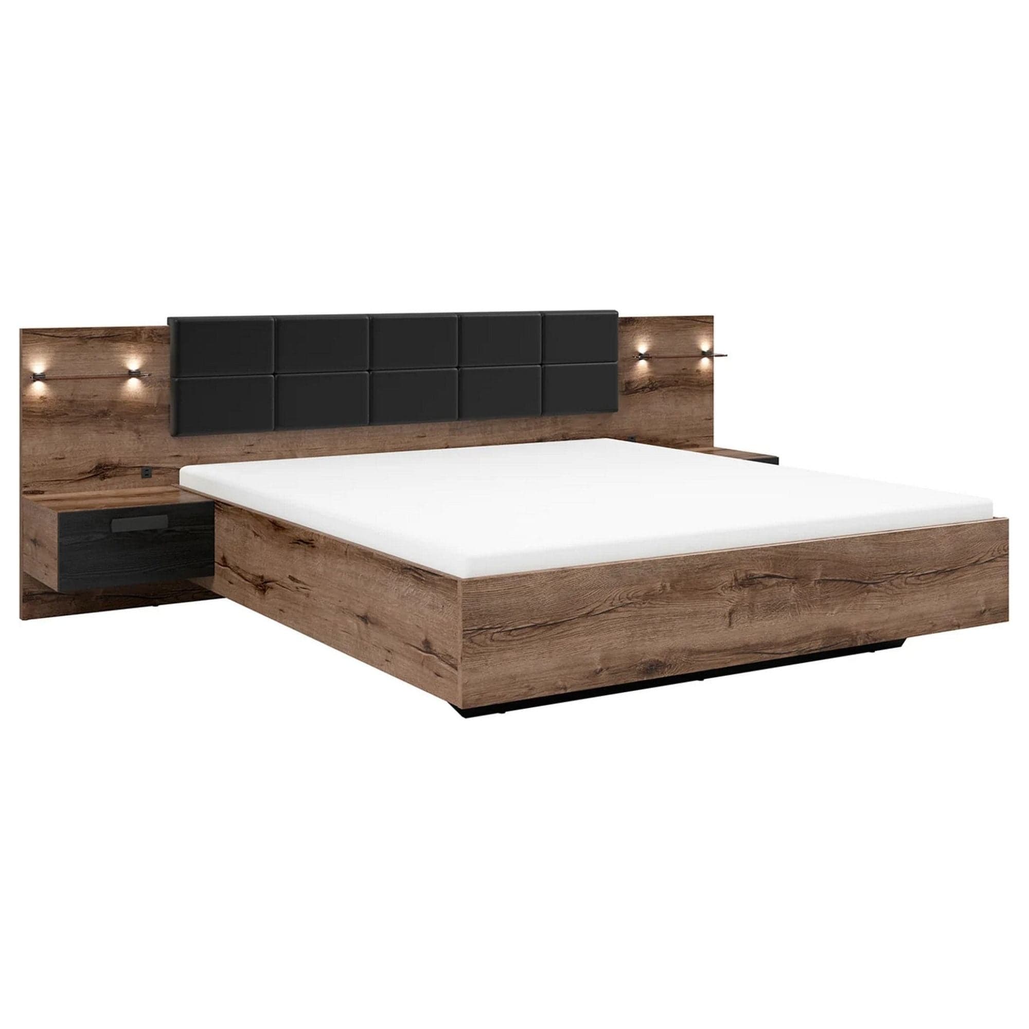 Cadru pat KASSEL 180x200, nuc/negru, PAL/piele ecologica, cu iluminare LED si 2 noptiere integrate