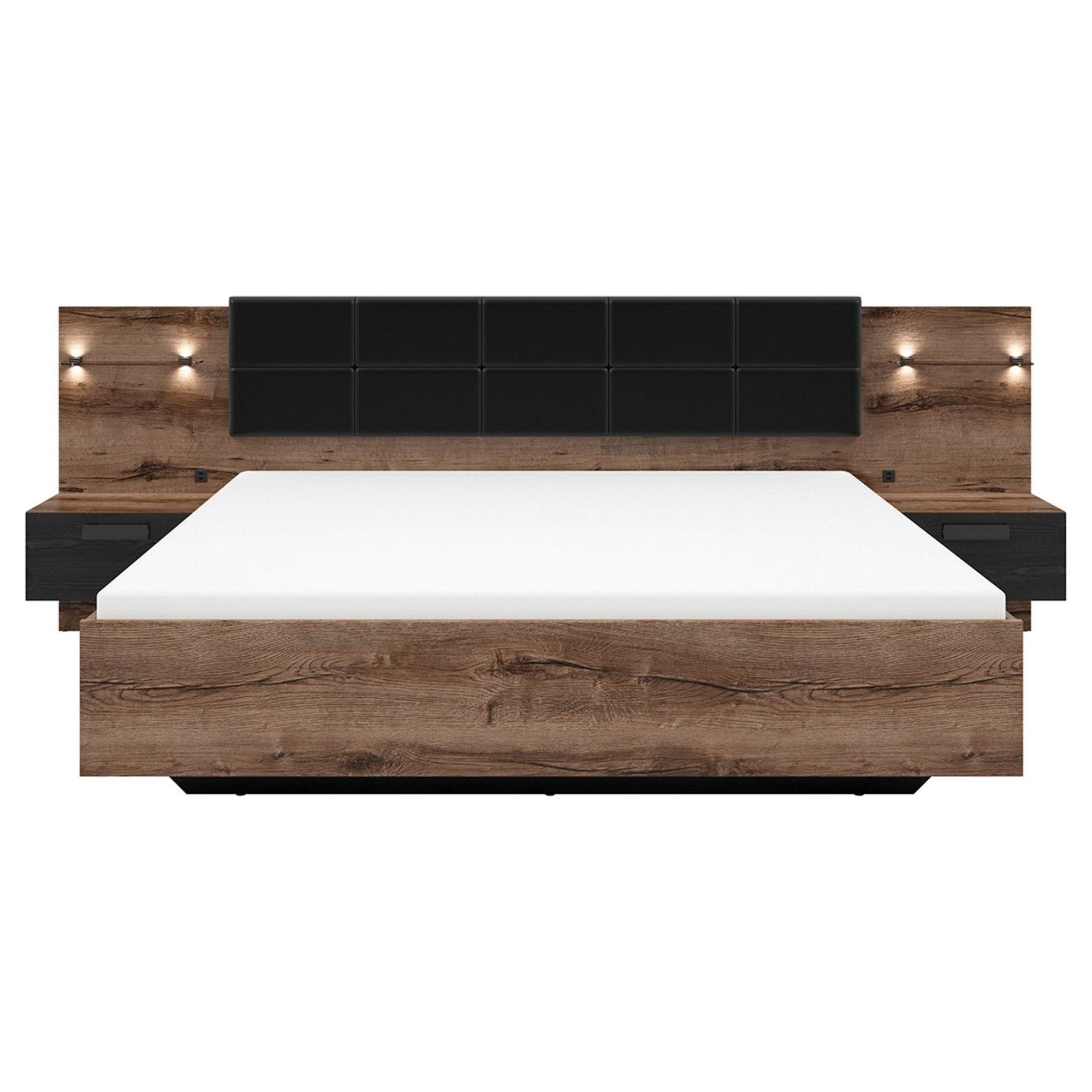 Cadru pat KASSEL 180x200, nuc/negru, PAL/piele ecologica, cu iluminare LED si 2 noptiere integrate