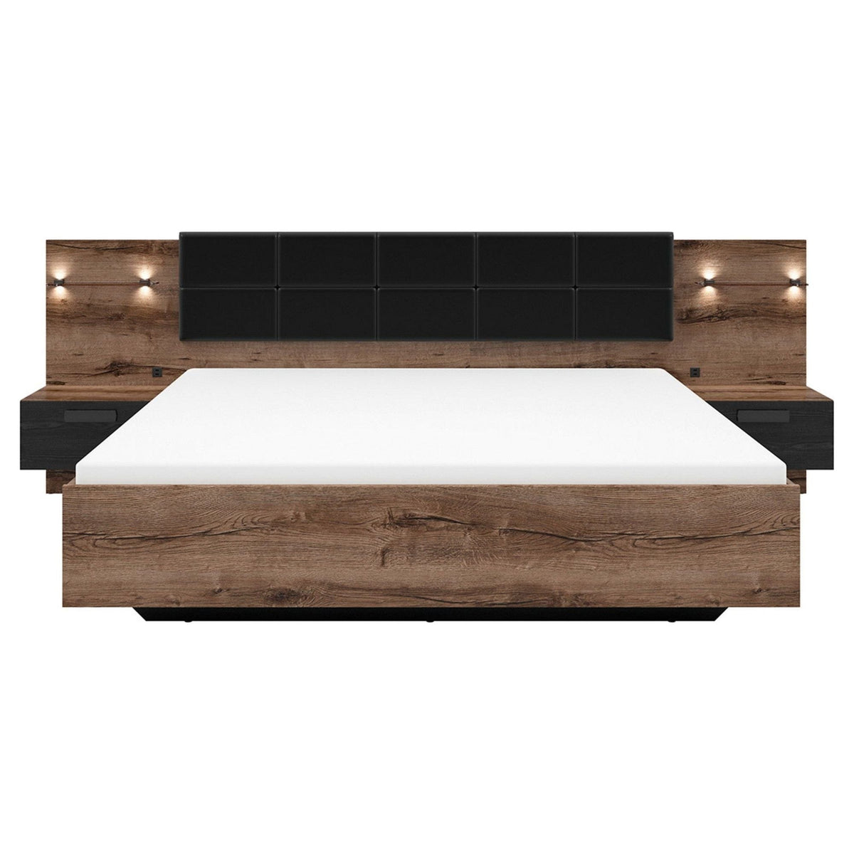 Cadru pat KASSEL 180x200, nuc/negru, PAL/piele ecologica, cu iluminare LED si 2 noptiere integrate