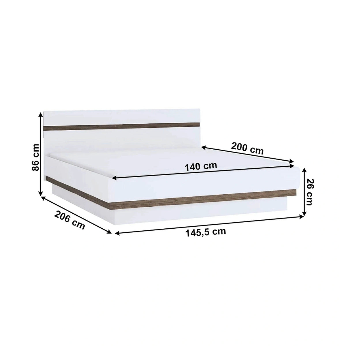 Cadru pat LYNATET TYP 91, 140x200, alb lucios/stejar inchis, PAL laminat