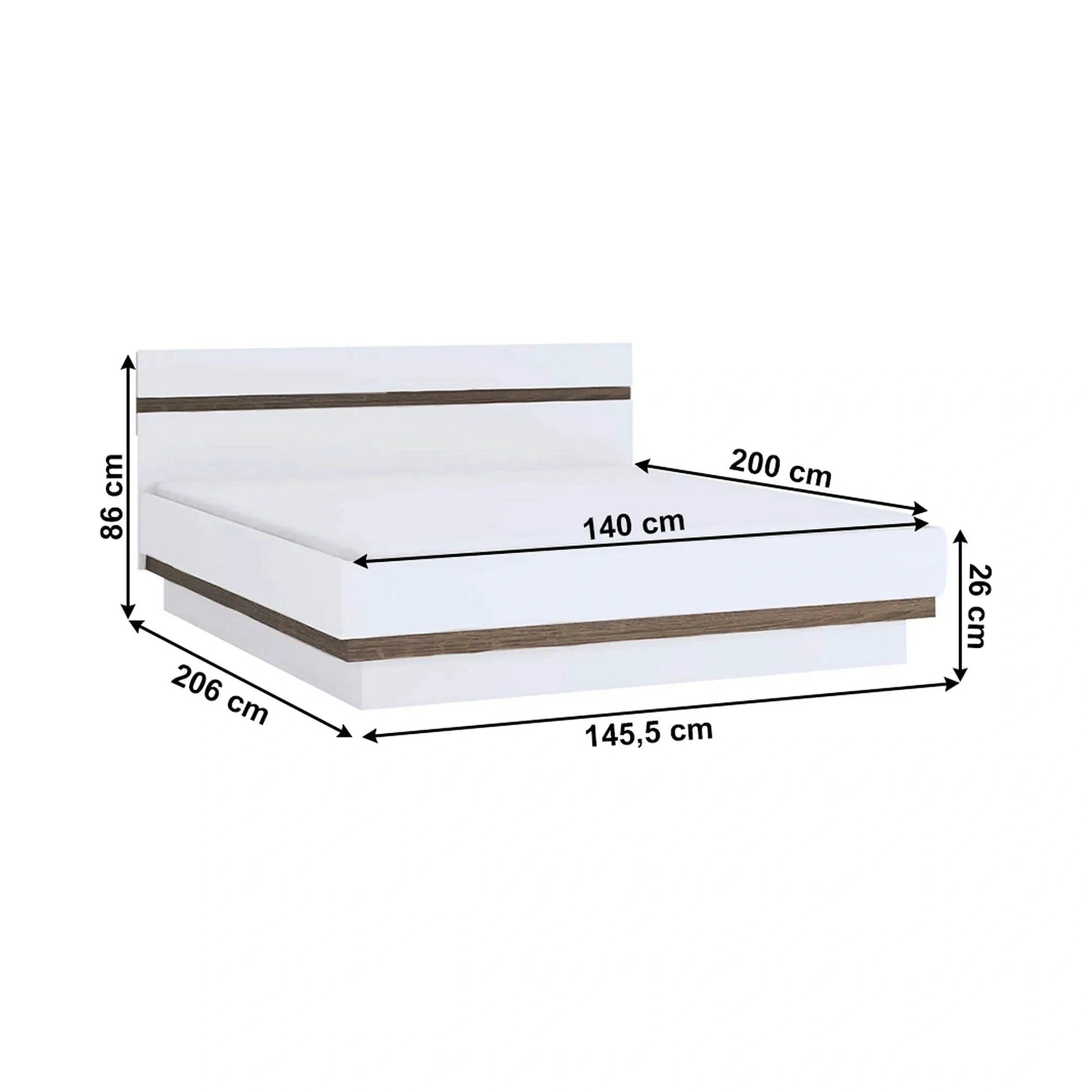 Cadru pat LYNATET TYP 91, 140x200, alb lucios/stejar inchis, PAL laminat