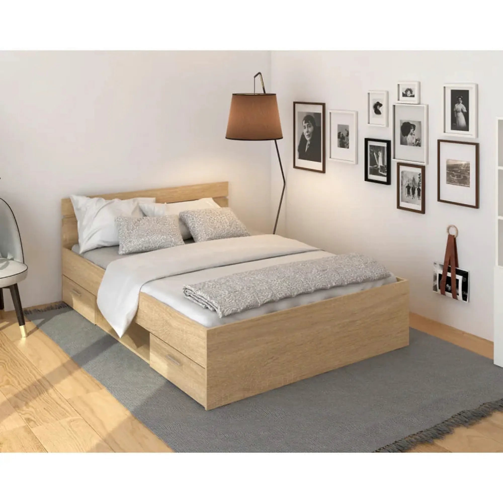 Cadru pat MICHIGAN NEW 140x200, stejar sonoma, PAL/metal, cu sertare pentru depozitare