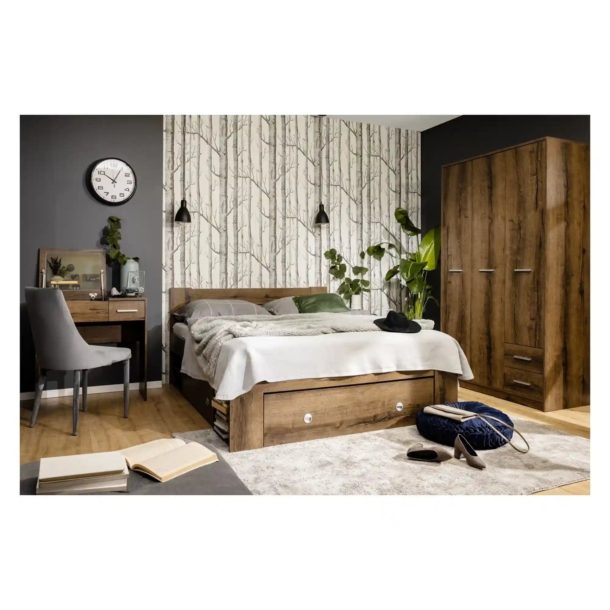 Cadru pat NEPO PLUS 140x200, stejar nobil, PAL laminat, cu spatiu depozitare