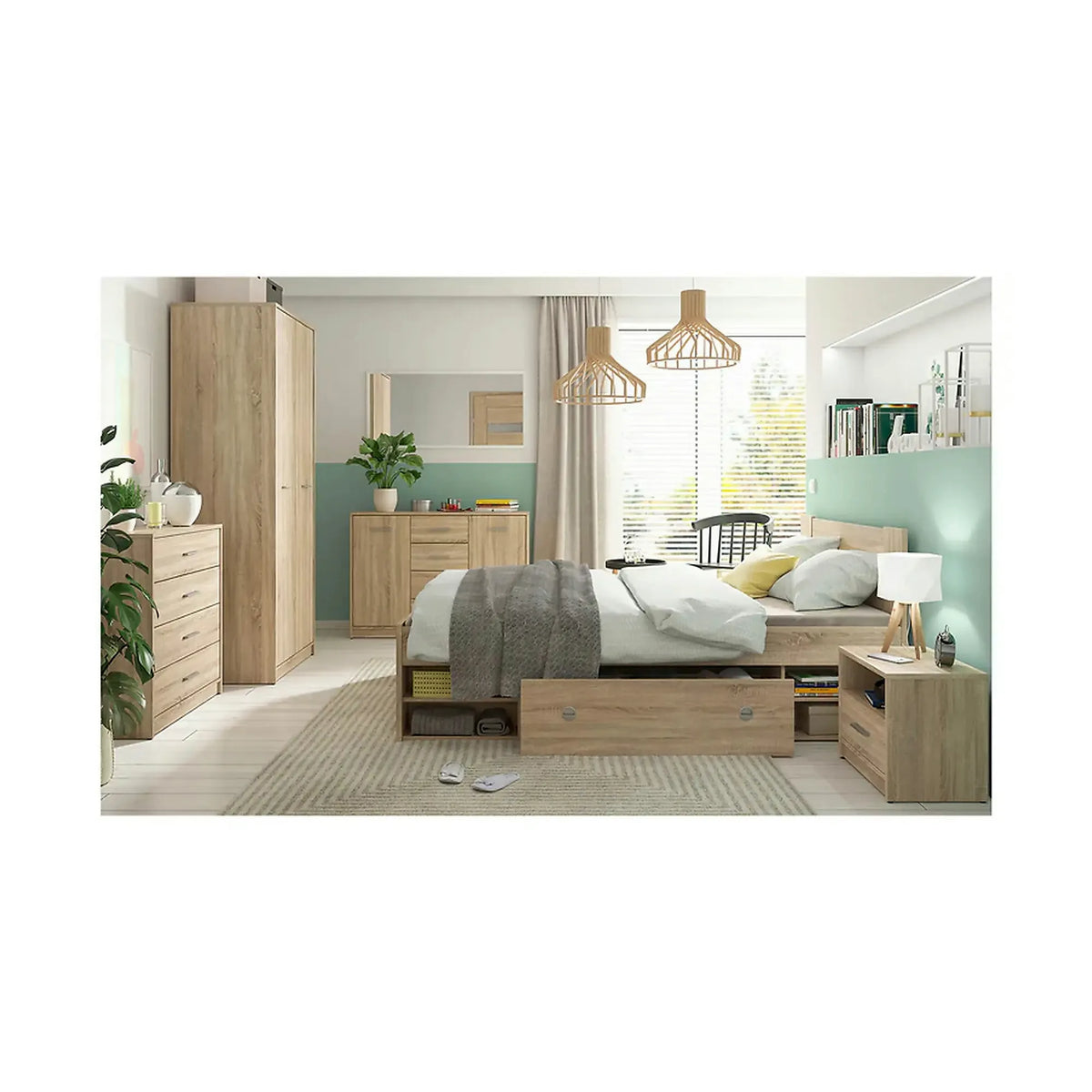 Cadru pat NEPO PLUS 140x200, stejar sonoma, PAL laminat, cu spatiu depozitare