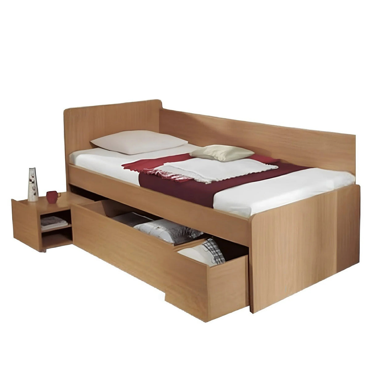 Cadru pat OTO 90x200, fag, PAL laminat, cu noptiera si spatii depozitare