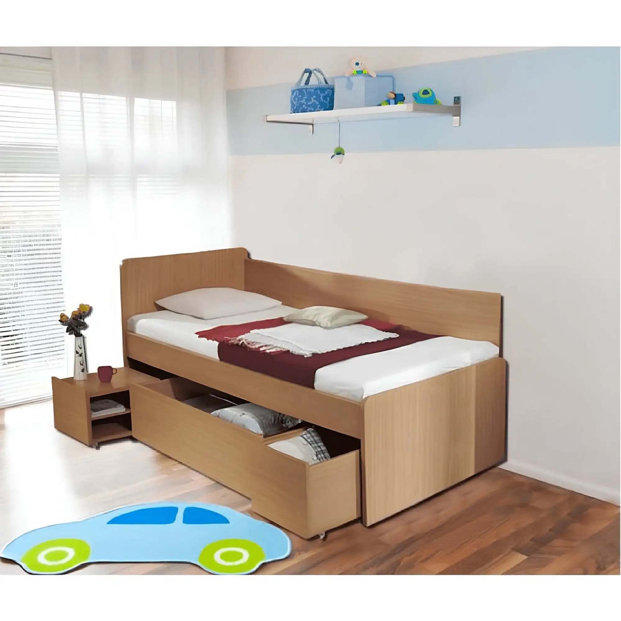 Cadru pat OTO 90x200, fag, PAL laminat, cu noptiera si spatii depozitare