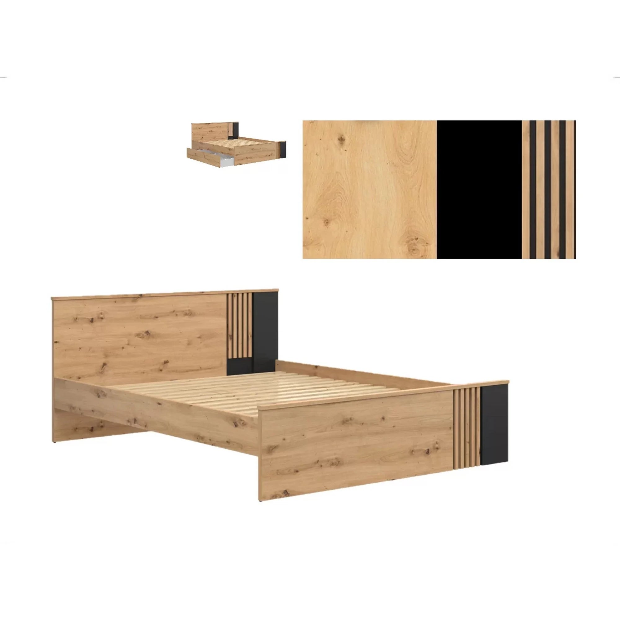 Cadru pat VABRES 160x200, stejar artisan/negru mat, PAL melaminat