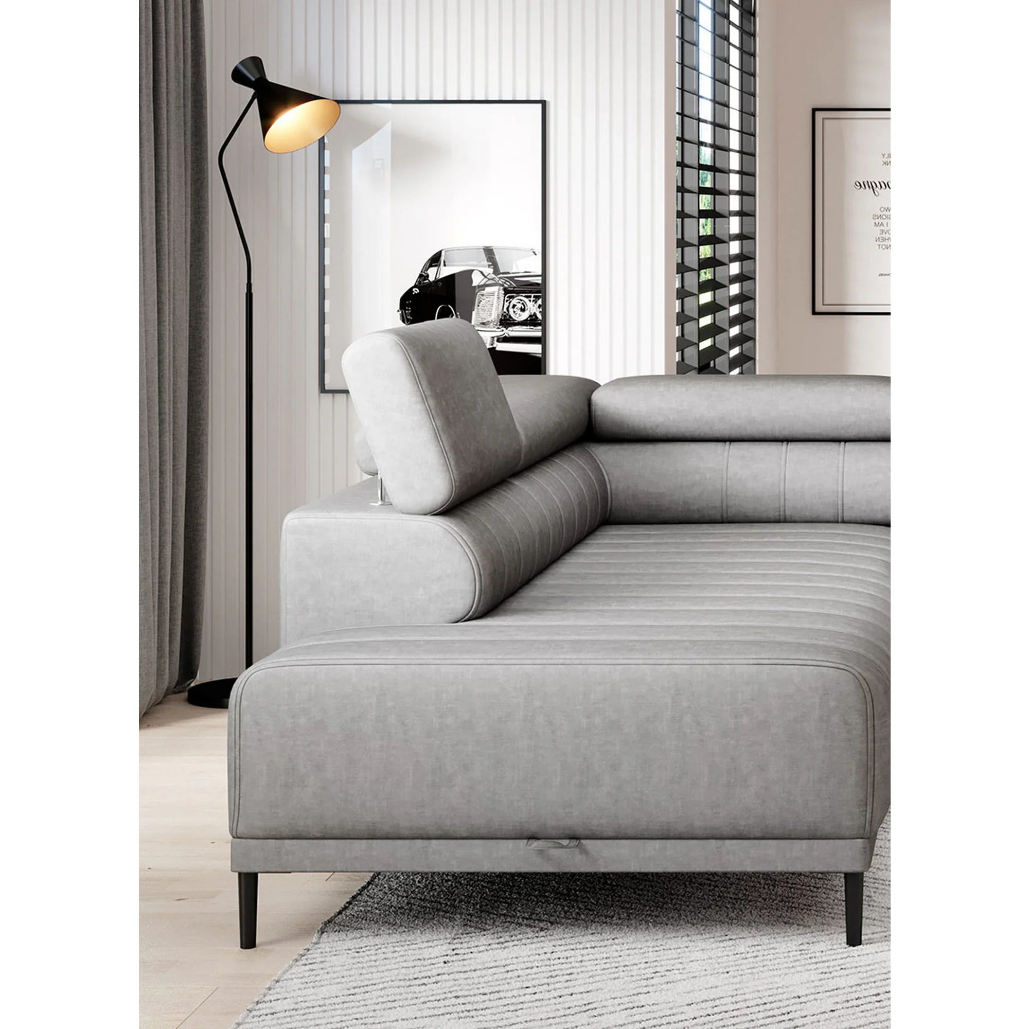 Coltar extensibil CALDO L, sezlong stanga, stofa catifelata crem - Salvador 01, Gama Premium, cu lada depozitare si tetiere reglabile, 268x200x99 cm