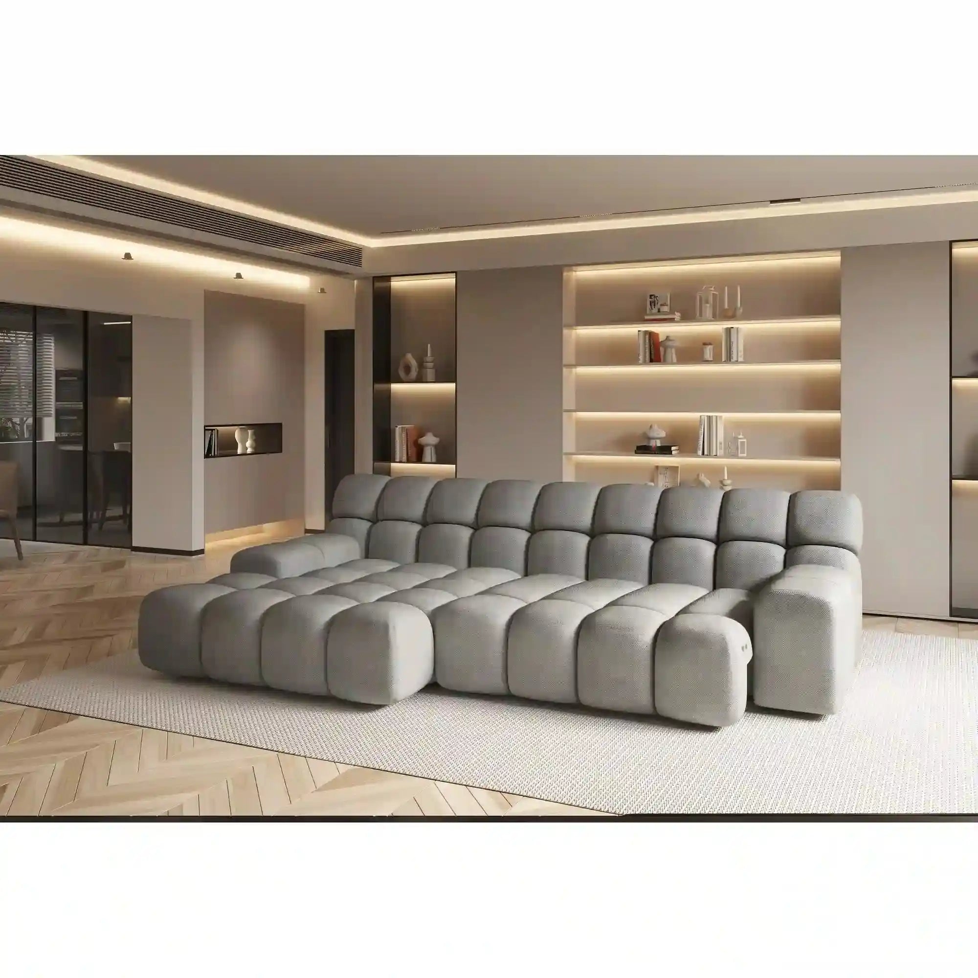 Coltar CAMPILE, sezlong stanga, stofa buclata bej - Now or Never 06, Gama Premium, cu reglaj electric, 297x180x85 cm