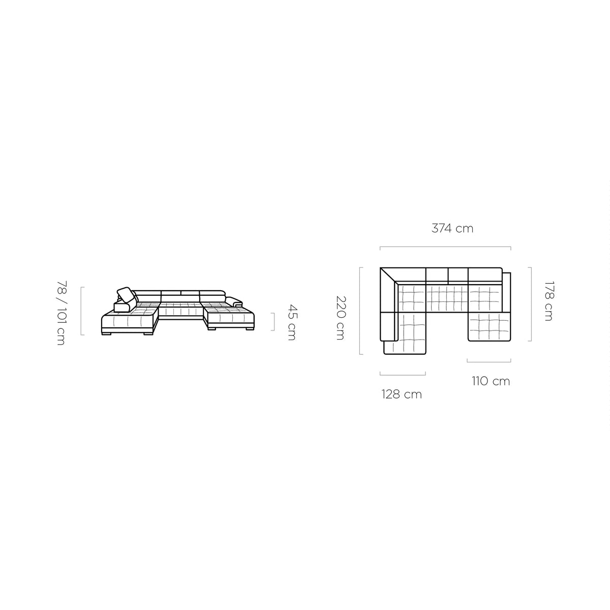 Coltar CAMPO XL, personalizabil materiale gama Oferta Avantaj, cu reglaj electric, 374x220x101 cm