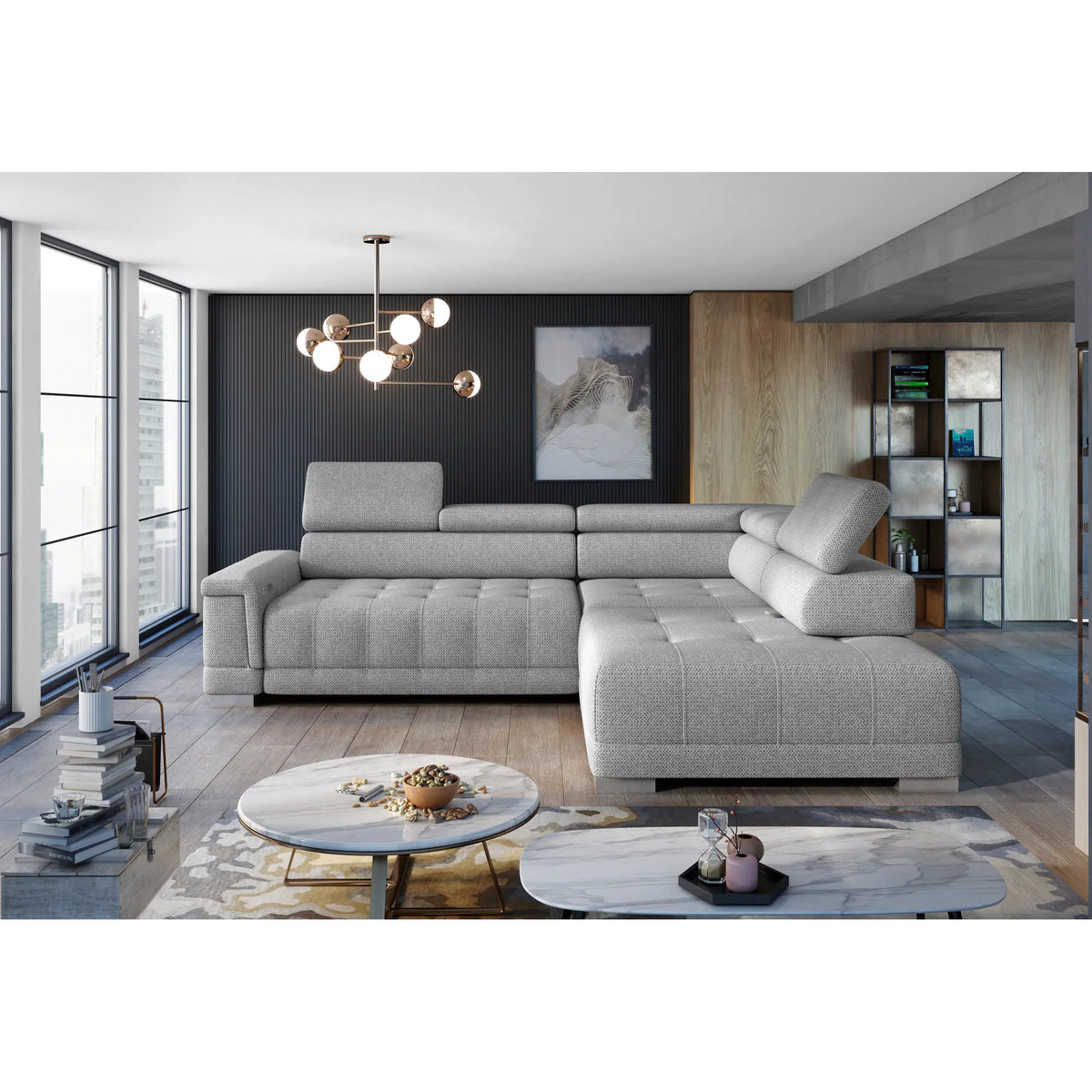Coltar CAMPO L, personalizabil materiale gama Oferta Avantaj, cu reglaj electric si tetiere reglabile, 292x220x101 cm