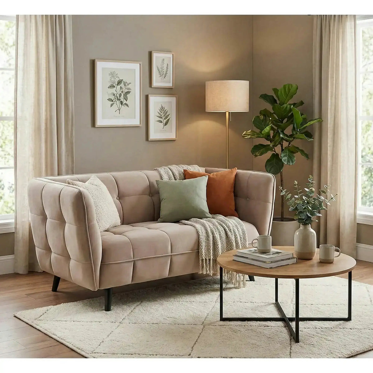 Canapea CASTELLO 2, bej/wenge, stofa catifelata/lemn, 145x85x78 cm