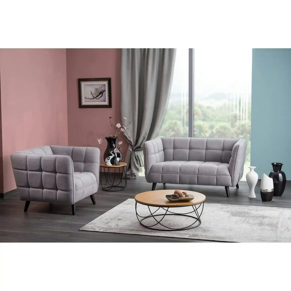 Canapea CASTELLO 2, gri - Bluvel 14, stofa catifelata/lemn, 145x85x78 cm