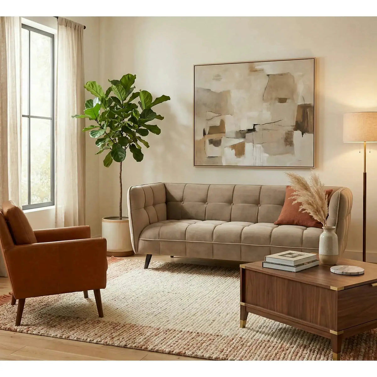 Canapea CASTELLO 3, bej/wenge, stofa catifelata/lemn, 200x85x78 cm