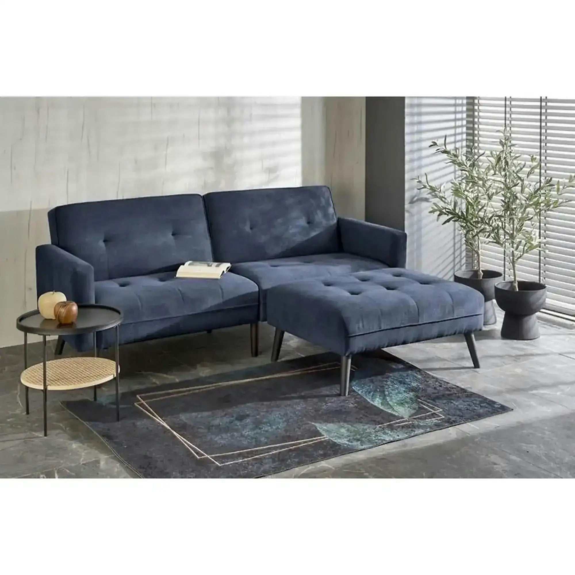 Canapea extensibila CORNELIUS, albastru/negru, stofa clasica/lemn, 200x153/167x80 cm