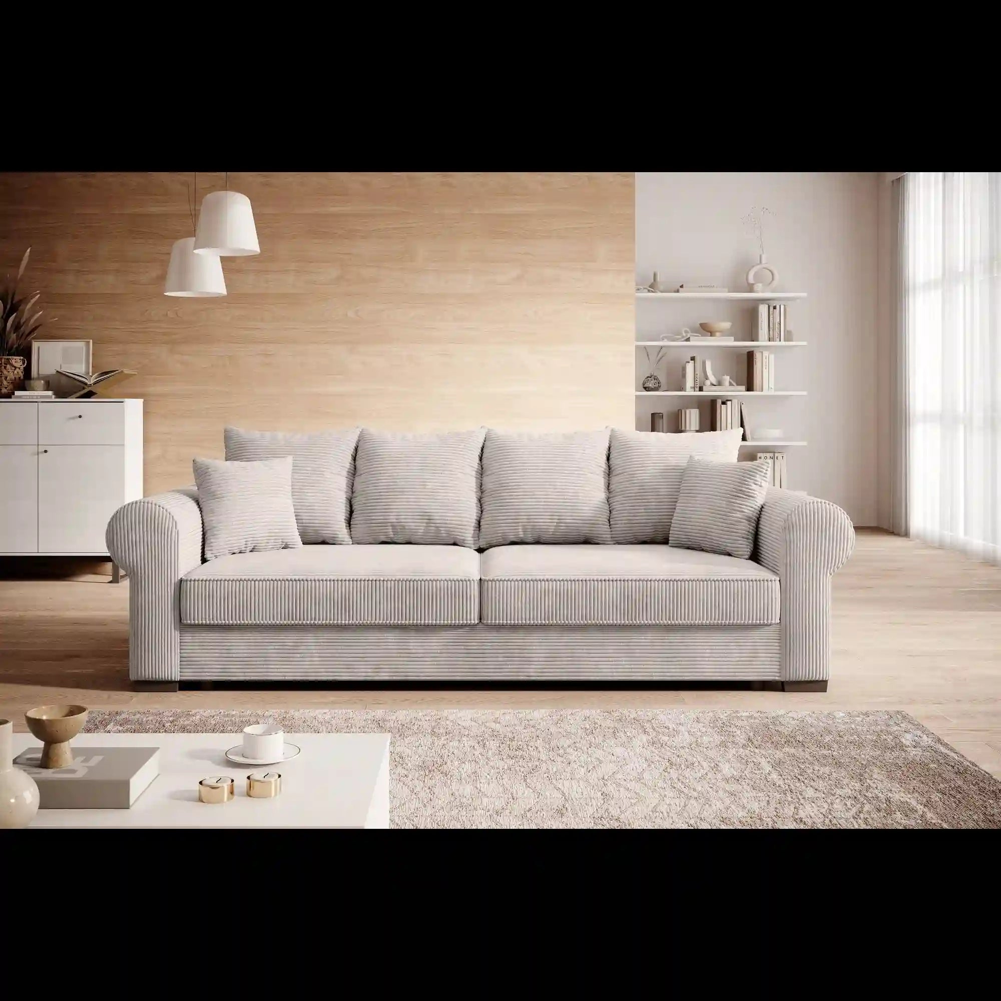 Canapea extensibila DELUXE NEW, stofa catifelata maro deschis - Palladium 04, gama Premium, cu spatiu depozitare, 248x102x88 cm