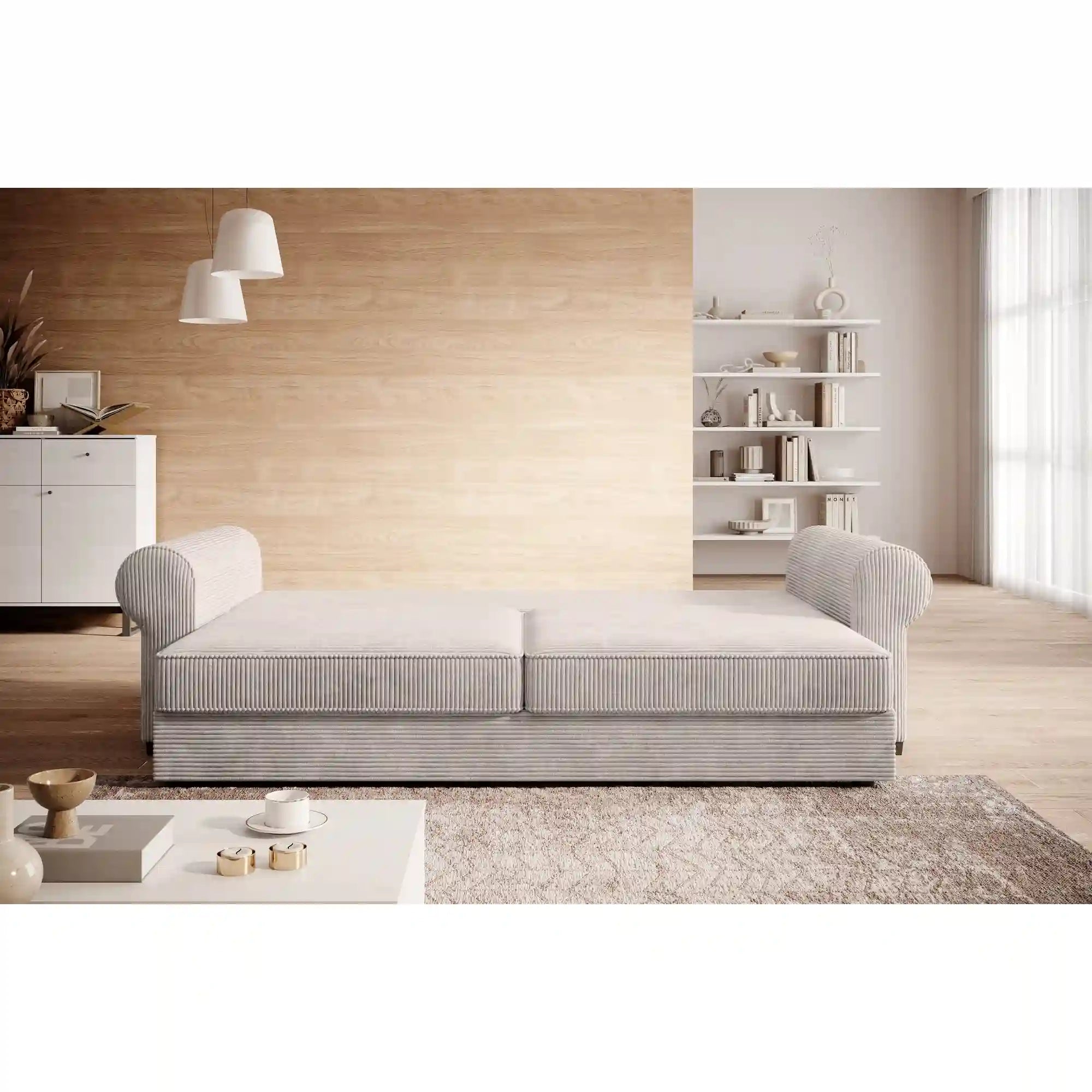 Canapea extensibila DELUXE NEW, stofa catifelata maro deschis - Palladium 04, gama Premium, cu spatiu depozitare, 248x102x88 cm