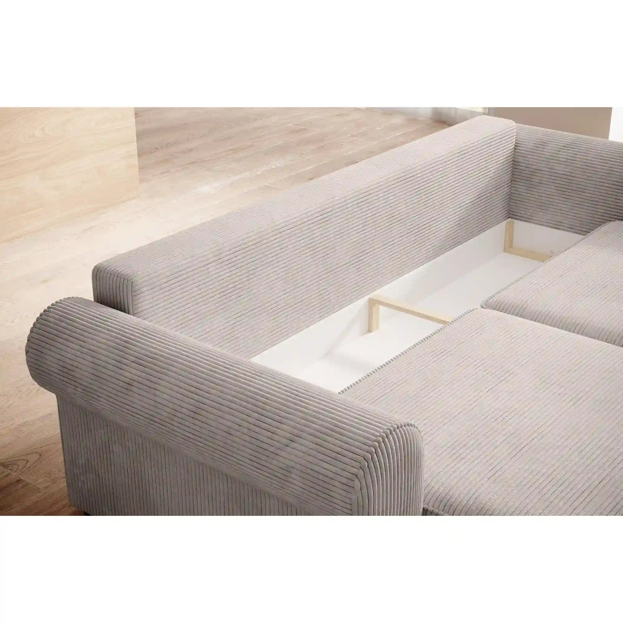 Canapea extensibila DELUXE NEW, stofa catifelata gri - Terra 92, gama Premium, cu spatiu depozitare, 248x102x88 cm