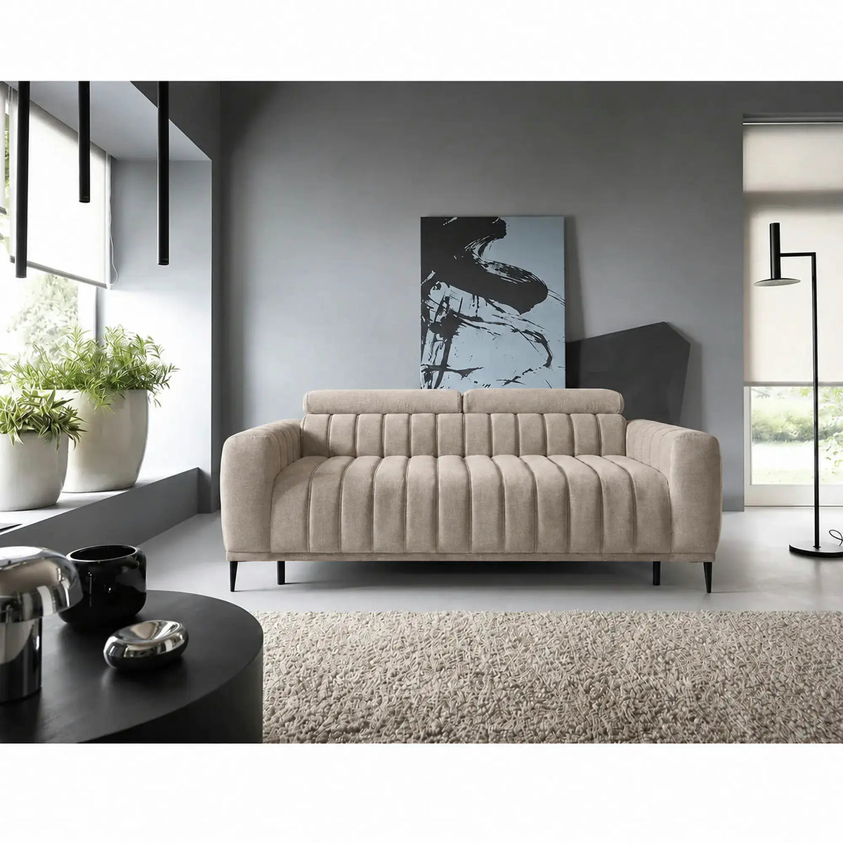 Canapea extensibila GANDI 140, stofa catifelata bej - Cloud 03, cu tetiere reglabile, 207x102x95 cm