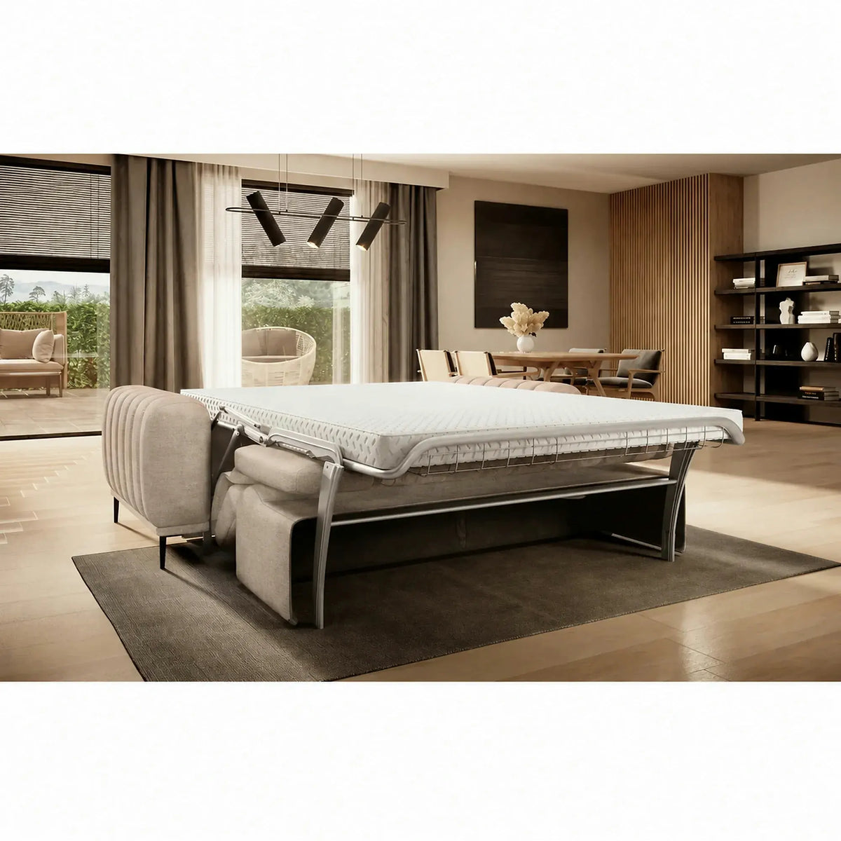 Canapea extensibila GANDI 140, stofa catifelata bej - Cloud 03, cu tetiere reglabile, 207x102x95 cm