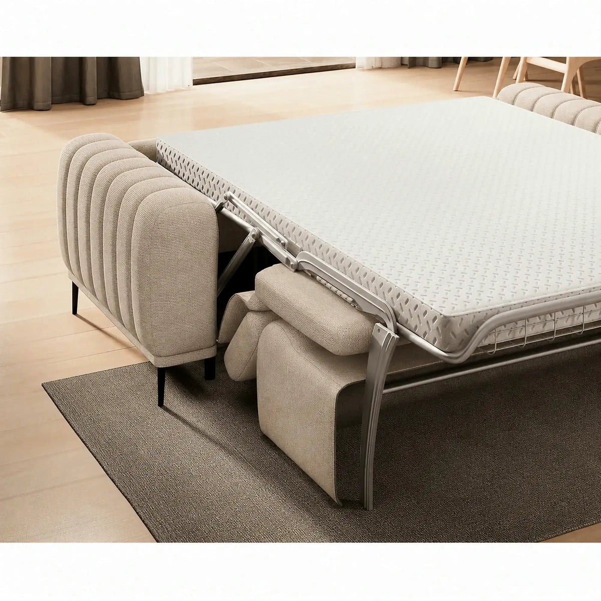Canapea extensibila GANDI 140, stofa catifelata bej - Cloud 03, cu tetiere reglabile, 207x102x95 cm
