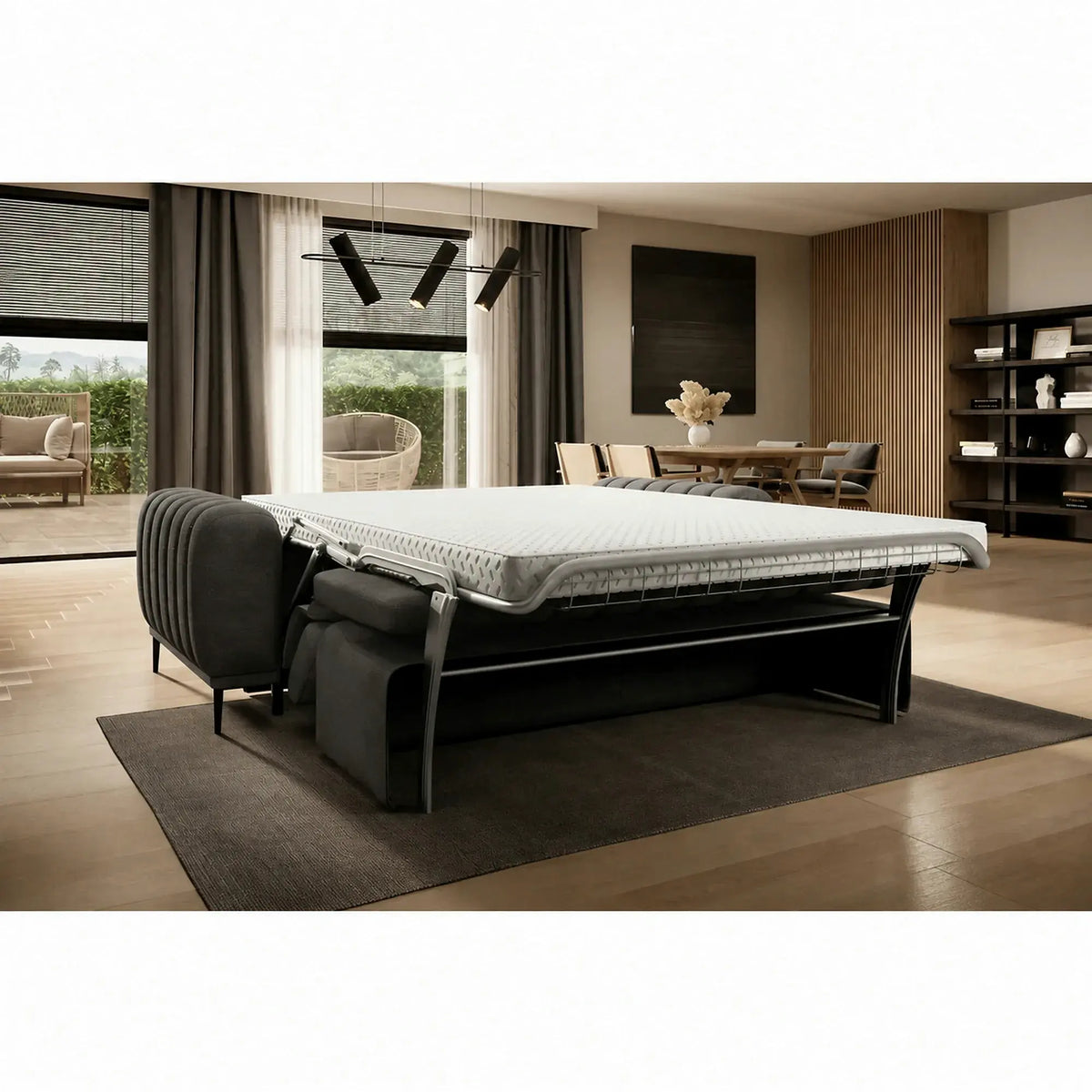 Canapea extensibila GANDI 140, stofa catifelata gri inchis - Riviera 97, cu tetiere reglabile, 207x102x95 cm