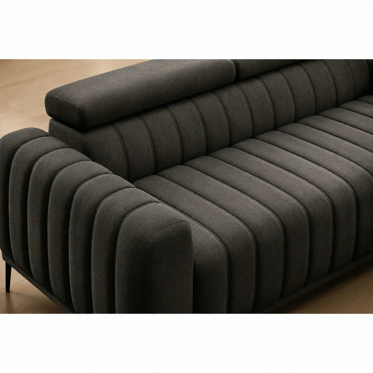 Canapea extensibila GANDI 140, stofa catifelata gri inchis - Riviera 97, cu tetiere reglabile, 207x102x95 cm