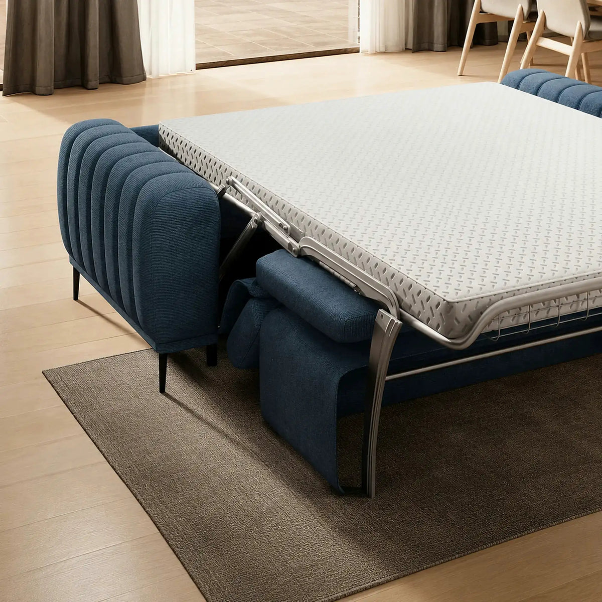 Canapea extensibila GANDI 160, stofa catifelata albastru - Whisper 12, cu tetiere reglabile, 227x102x95 cm
