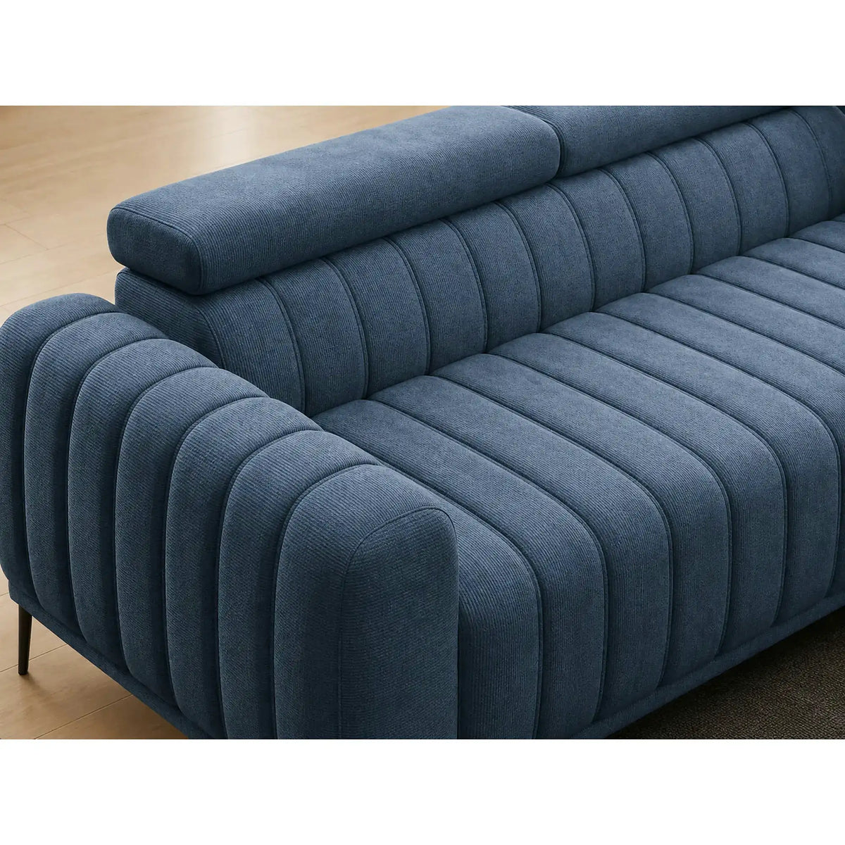Canapea extensibila GANDI 160, stofa catifelata albastru - Whisper 12, cu tetiere reglabile, 227x102x95 cm