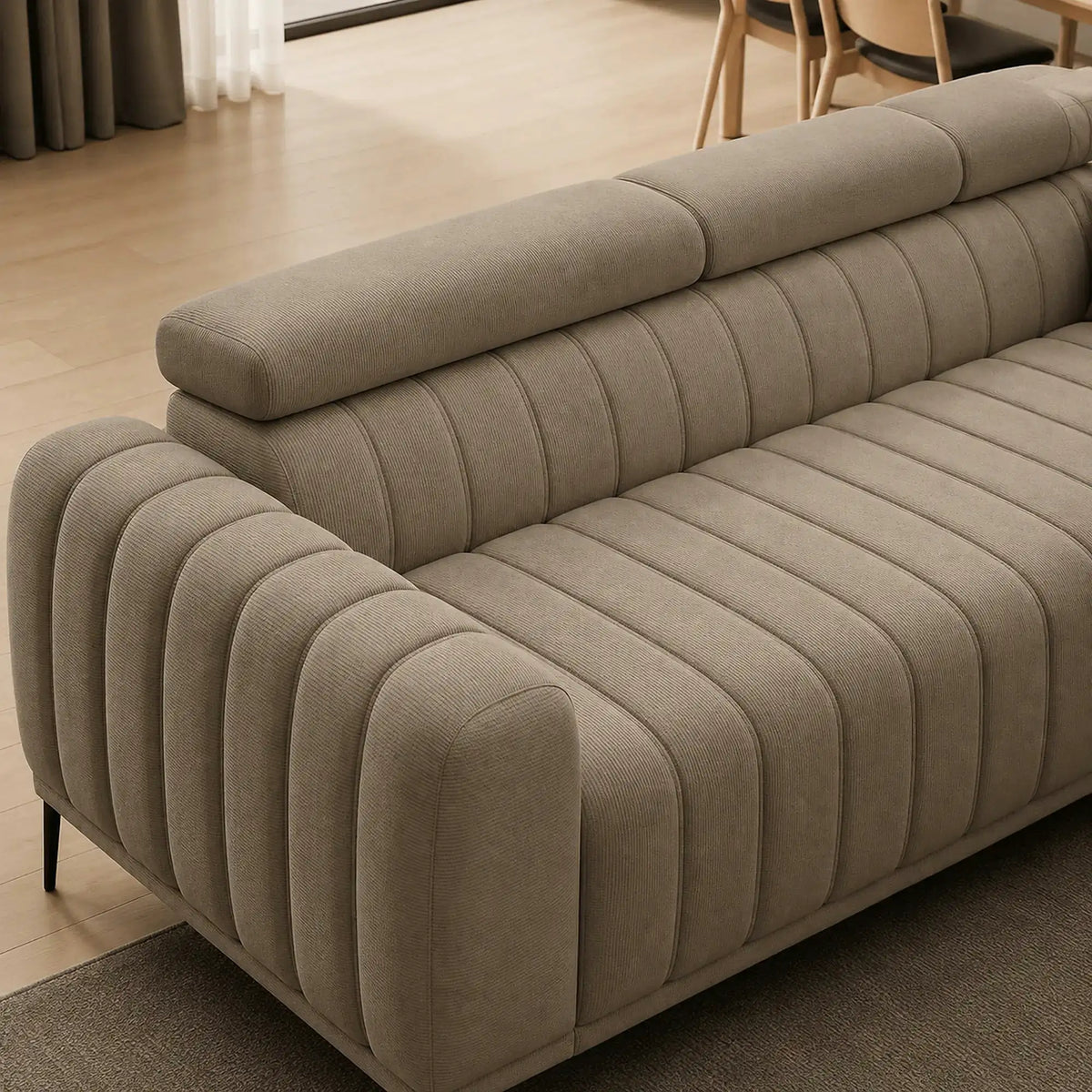 Canapea extensibila GANDI 160, stofa catifelata bej - Riviera 16, cu tetiere reglabile, 227x102x95 cm