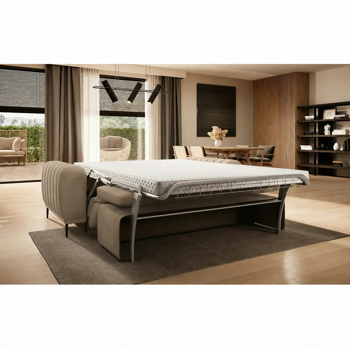 Canapea extensibila GANDI 160, stofa catifelata bej - Riviera 16, cu tetiere reglabile, 227x102x95 cm