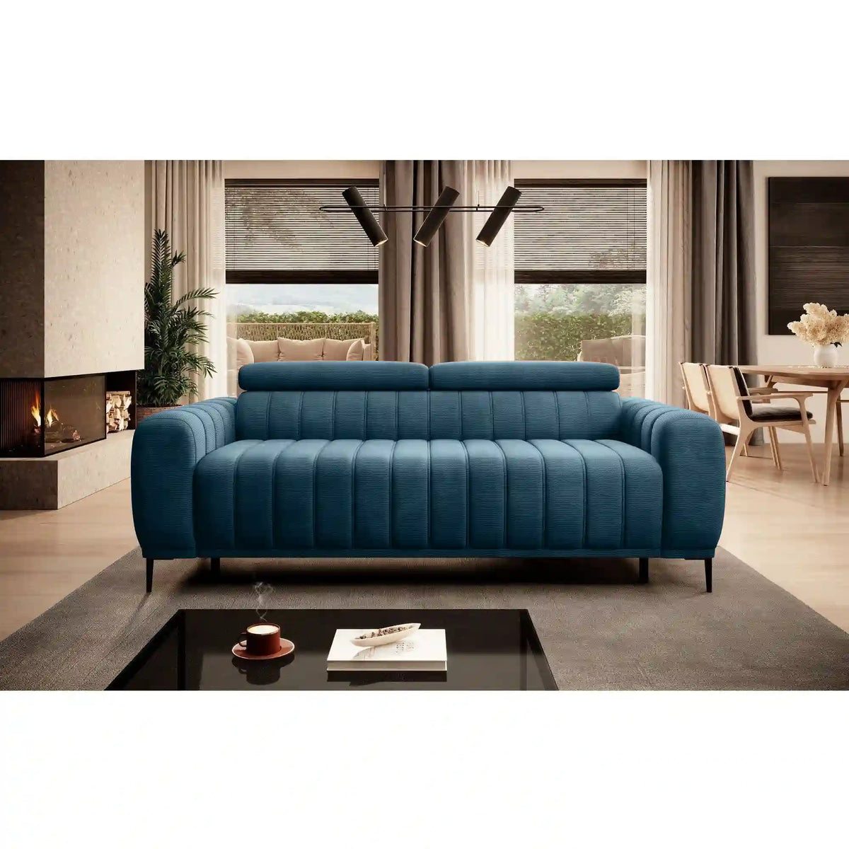 Canapea extensibila pat dublu GANDI 160, stofa catifelata turcoaz inchis - Riviera 87, Gama Premium, cu tetiere reglabile, 227x102x95 cm