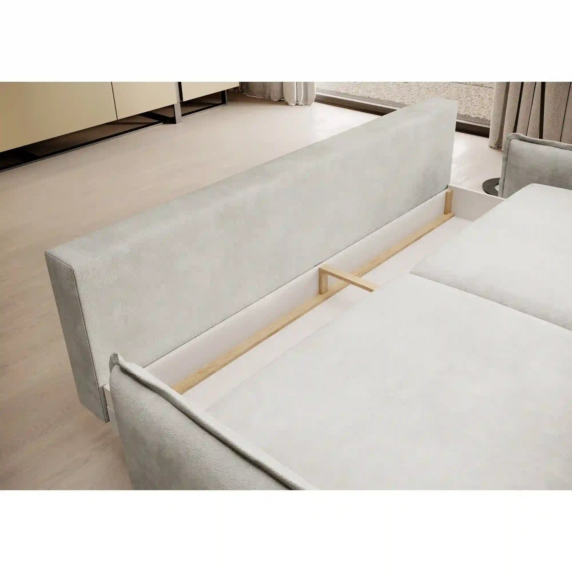 Canapea extensibila GLOSSY, stofa catifelata bej - Whisper 3, Gama Premium, cu lada depozitare, 223x107x89 cm