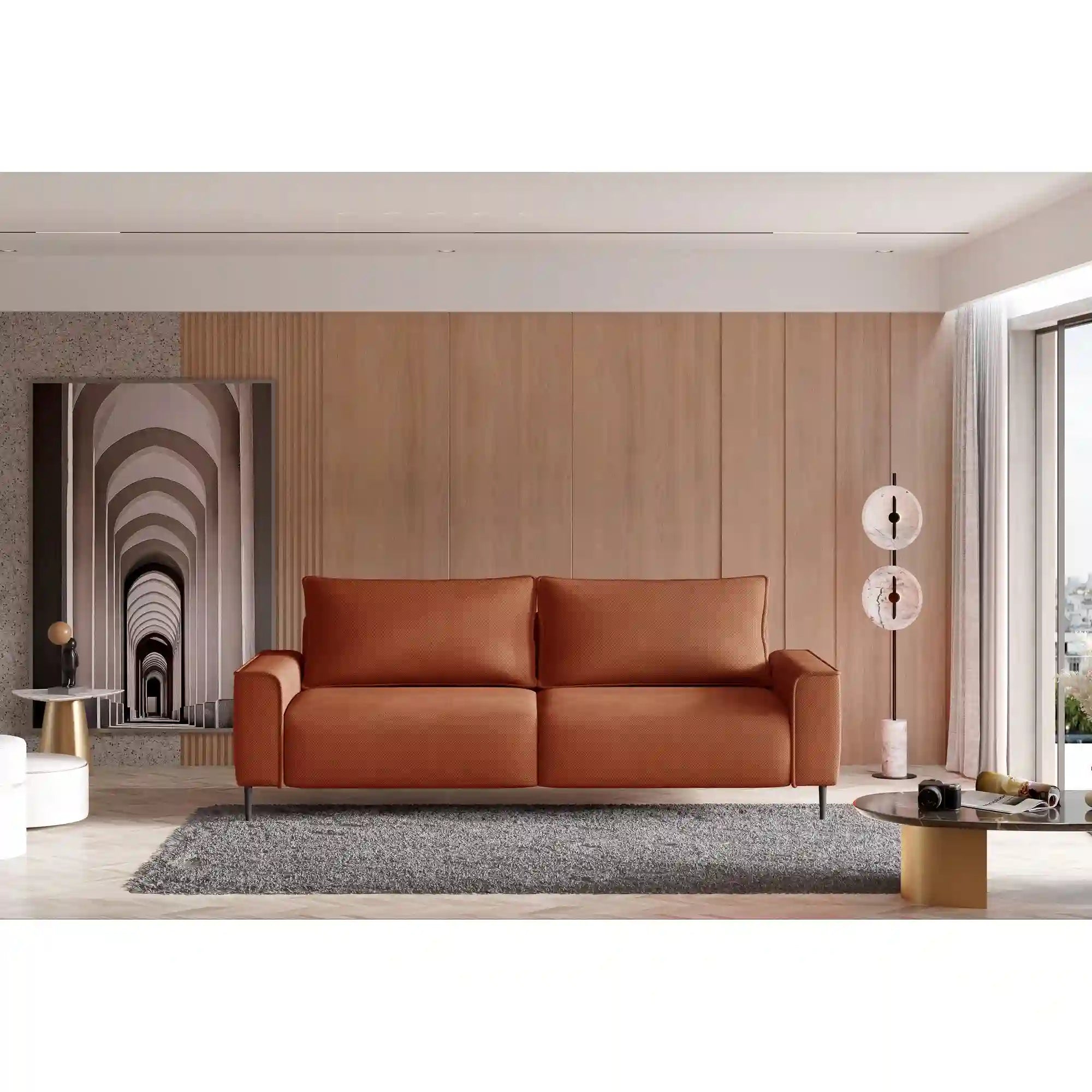 Canapea extensibila LUGO, stofa catifelata bej - Vogue 02, Gama Premium, cu lada depozitare, 235x105x90 cm