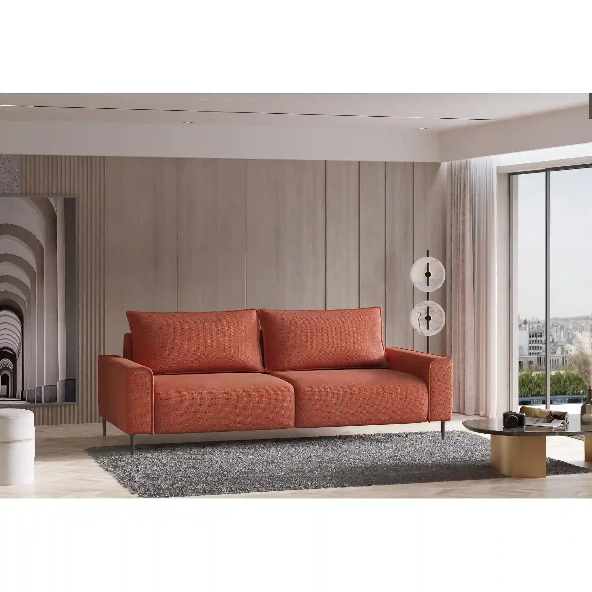 Canapea extensibila LUGO, stofa catifelata bej - Vogue 02, Gama Premium, cu lada depozitare, 235x105x90 cm