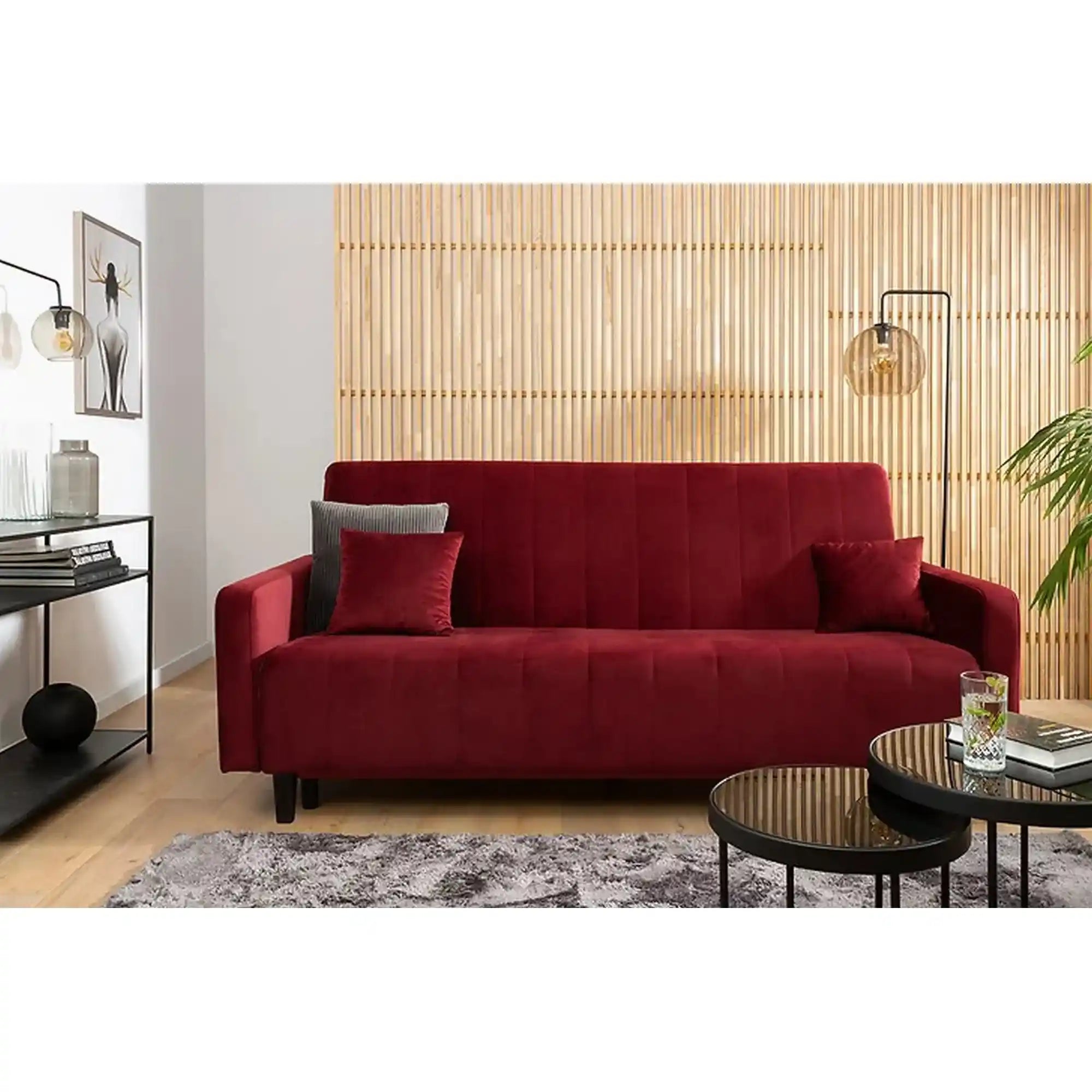 Canapea extensibila MARCIA, stofa catifelata rosu - Velluto 32, cu lada depozitare, 215x101x96 cm