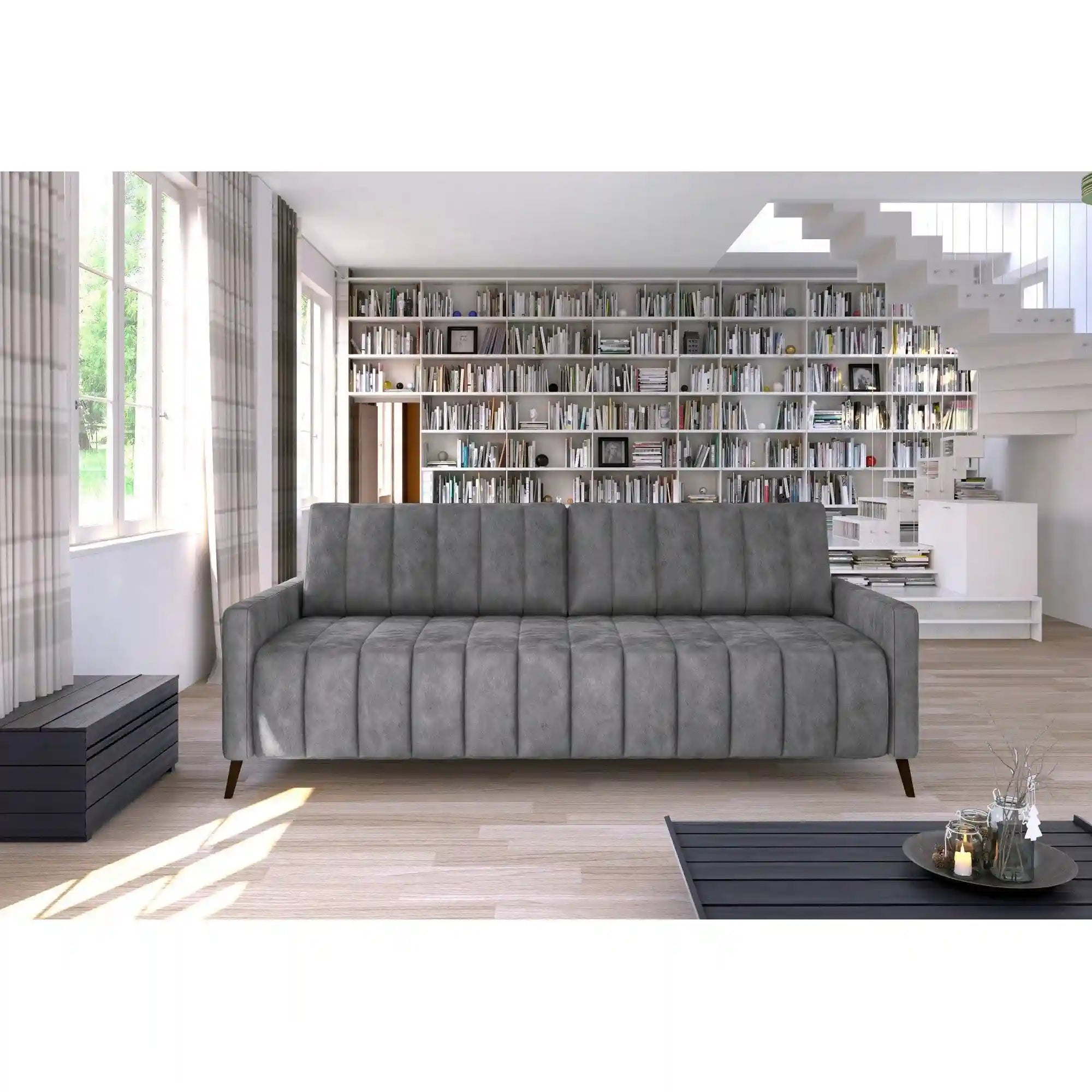 Canapea extensibila Molly, stofa catifelata gri - Palladium 15, Gama Premium, cu lada depozitare, 226x101x78/91 cm