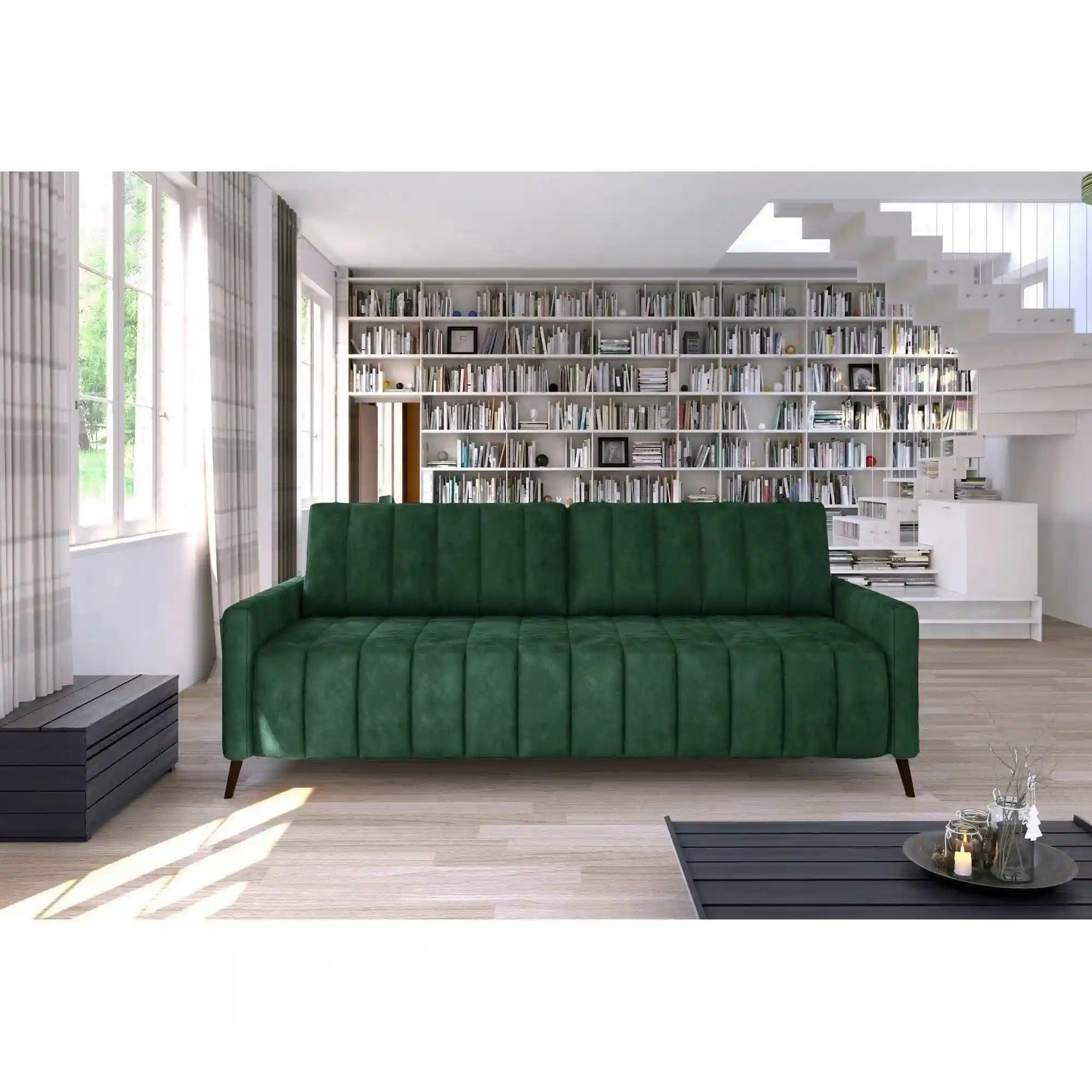 Canapea extensibila Molly, stofa catifelata verde - Riviera 38, Gama Premium, 226x101/200x91 cm