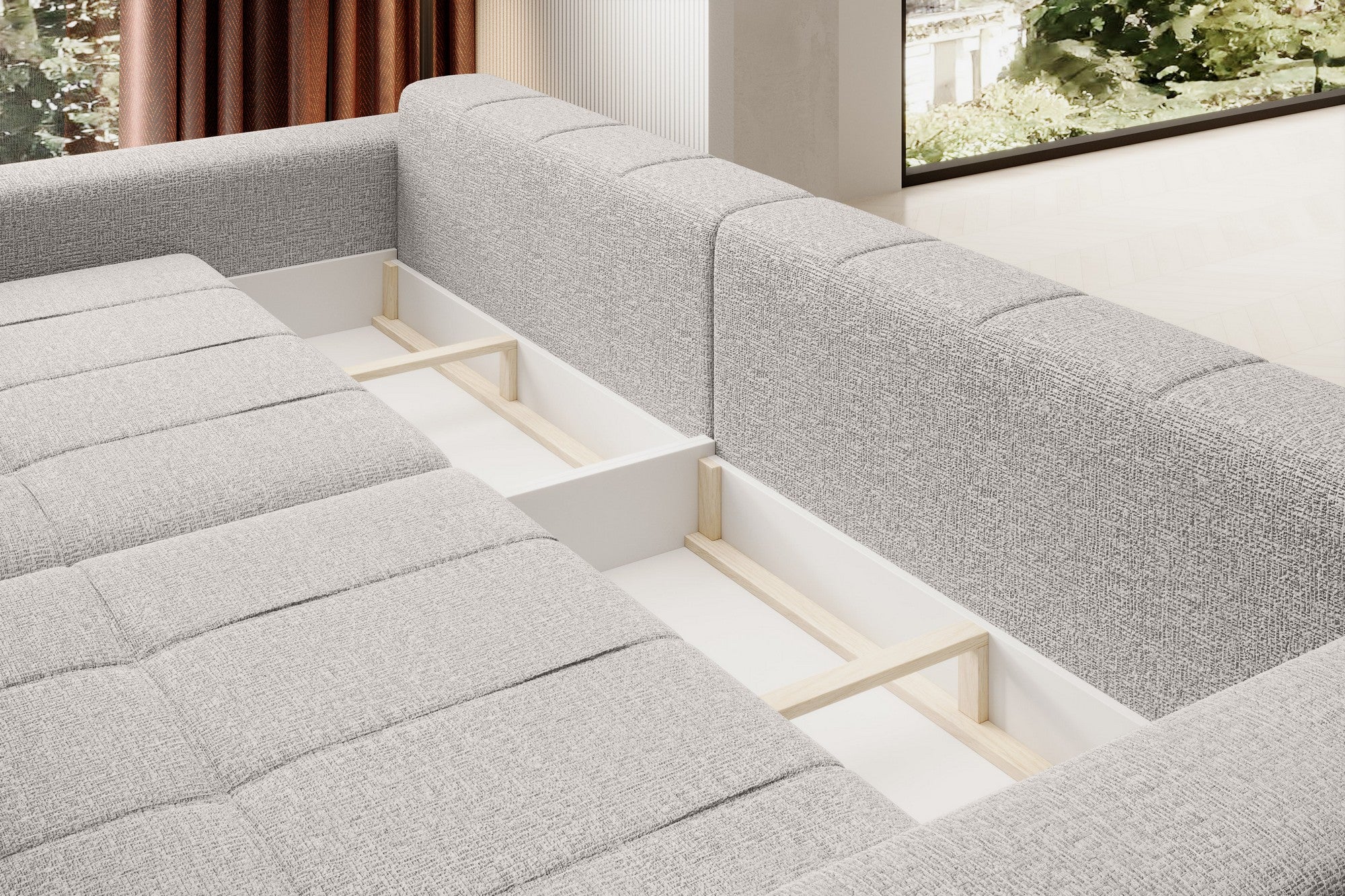 Canapea extensibila MOTTA, stofa catifelata albastru inchis - Vogue 13, Gama Premium, cu spatiu depozitare, 278x130x83 cm