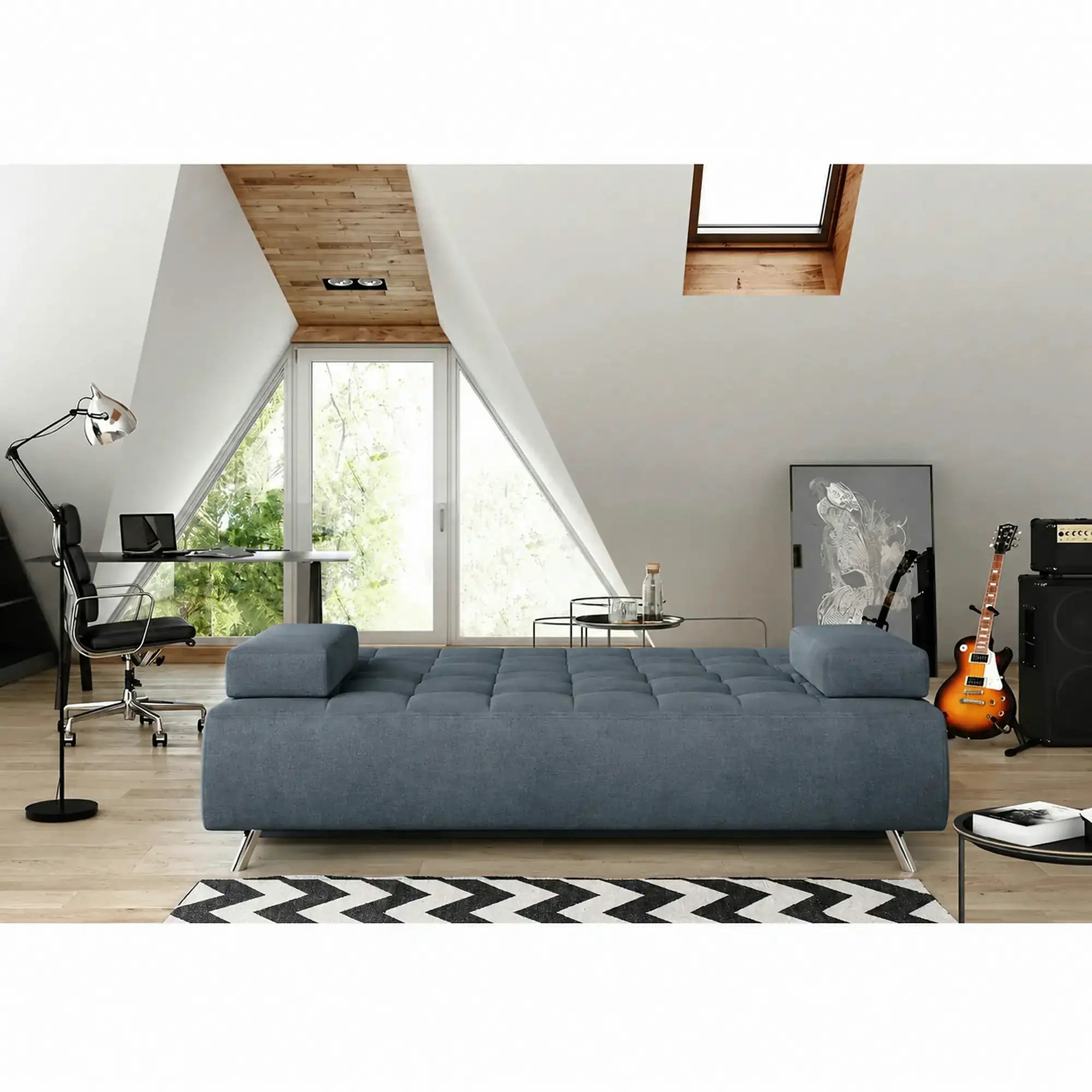 Canapea extensibila OSLO, stofa catifelata albastru - Palladium 14, cu lada depozitare, 197x94x90 cm